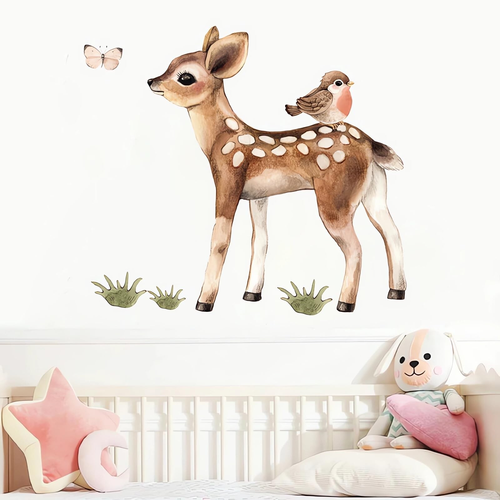 Cute Fawn and Bird Butterfly Deer Wall Stickers, sacinora Cartoon Jungle Anim…