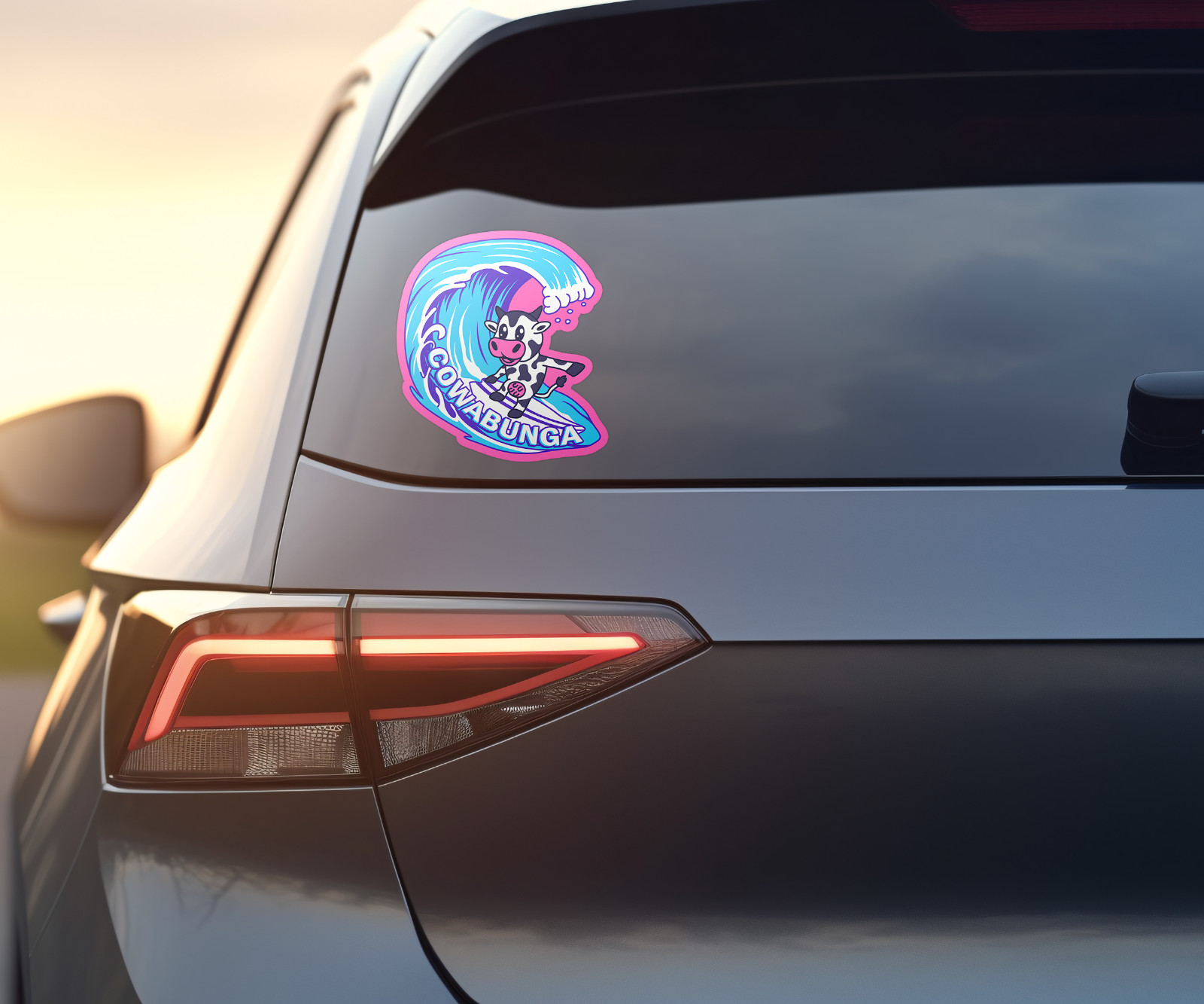 Cowabunga Sticker with Surfing Cow – Funny Animal Decal