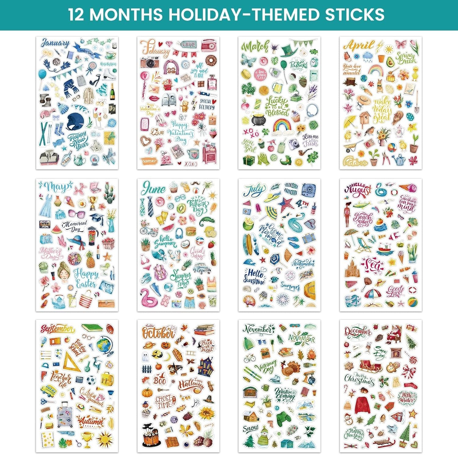 1500+ Monthly Planner Stickers | 14 Sheets Holiday & Celebration Calendar Sticke