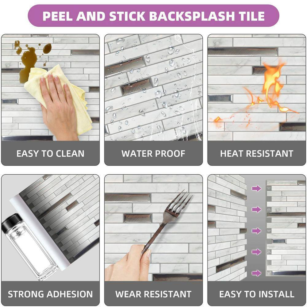Jeedeson Peel Stick Wall Tile 12in Marble White Silver Kitchen Backsplash 10pack