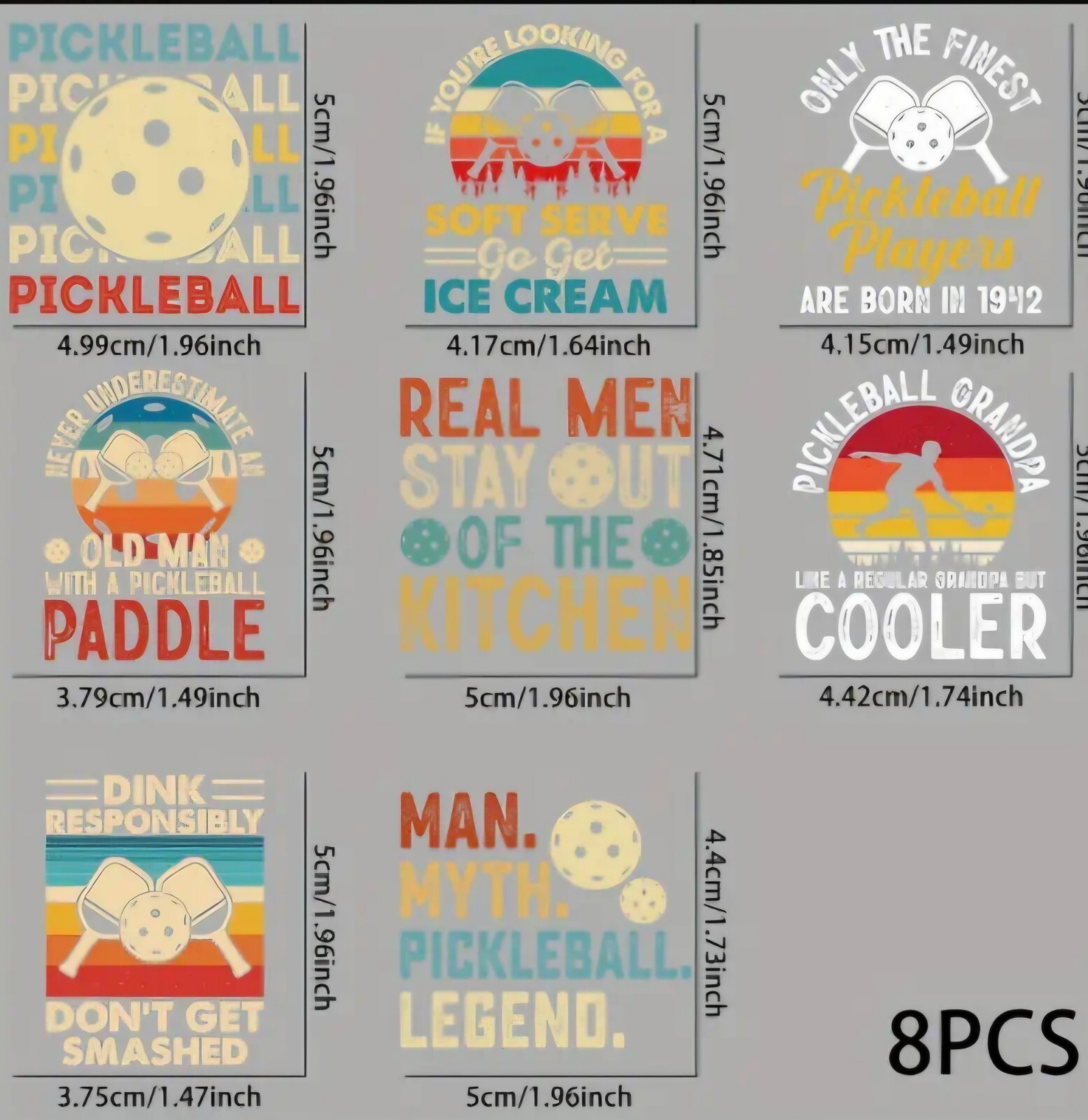 UV DTF Pickleball Men Player Transfer Sticker Set 8 Decals Appx 2 x 2 Inches