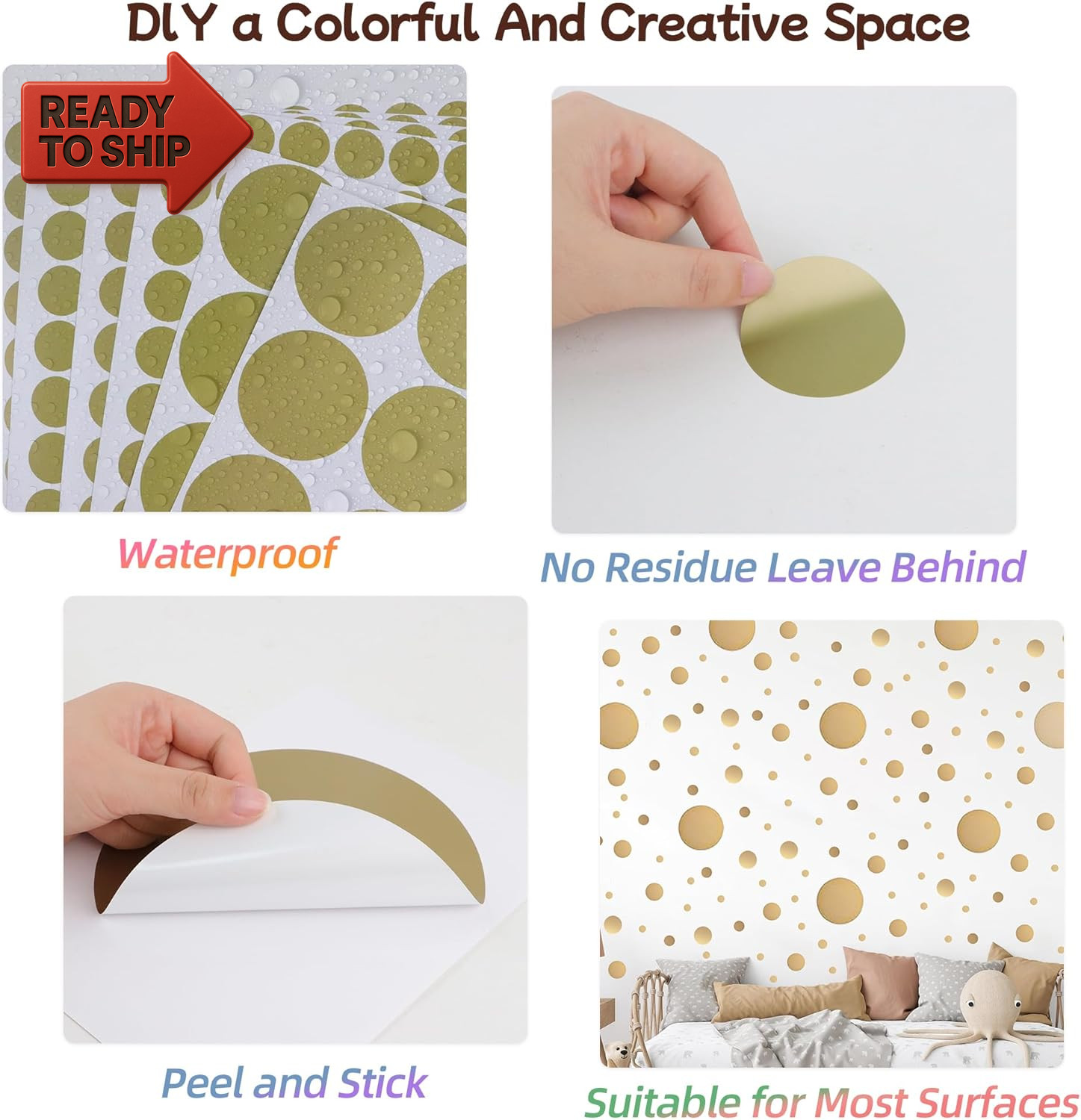1240Pcs Polka Dot Wall Decals Gold Wall Decal Peel and Stick Kids Decals Remova