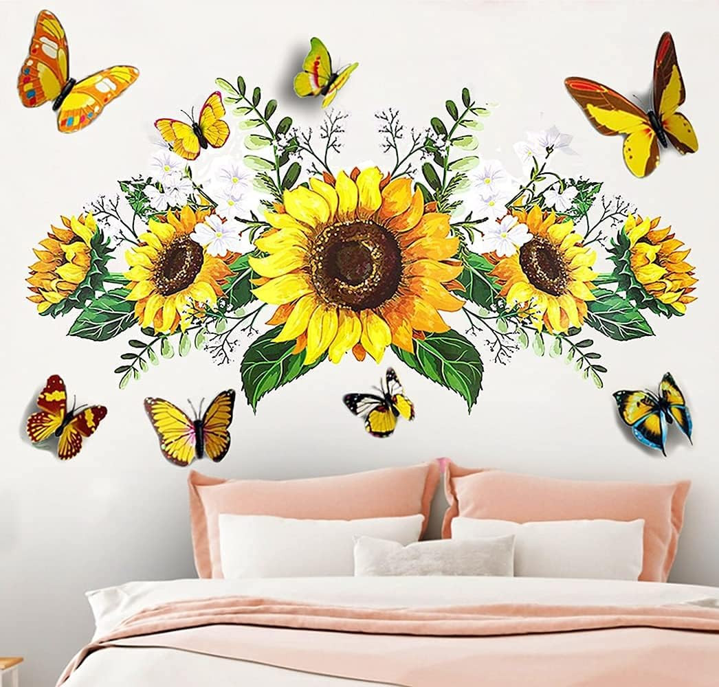 Sunflower Wall Stickers 3D Butterfly Yellow Floral Removable Waterproof Decor
