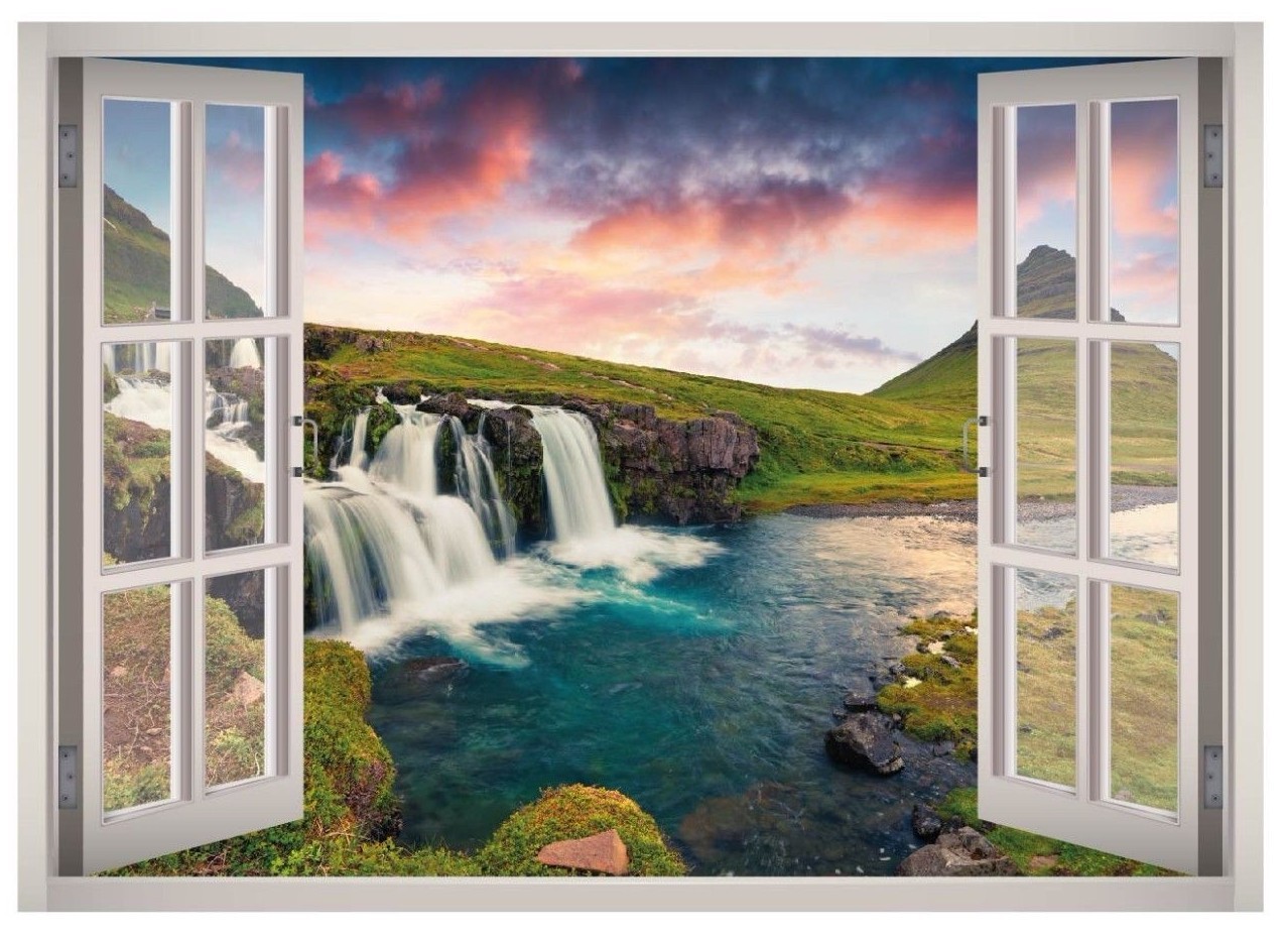 River Waterfall View Window 3D Wall Decal Art Mural Home Decor Canvas Vinyl W142