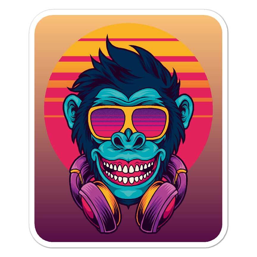 Monkey Headphones, Vinyl Decal Sticker, Indoor Outdoor, 3 Sizes, #7873