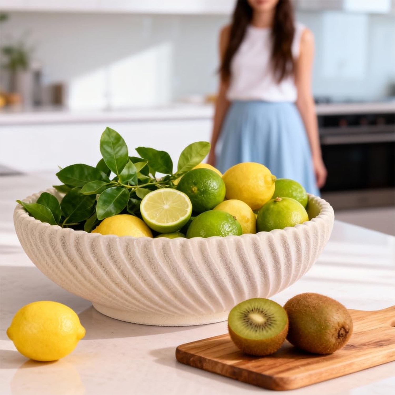 Large Resin Decorative Pedestal Bowl for Home Decor – Sandstone Ribbed Fruit …