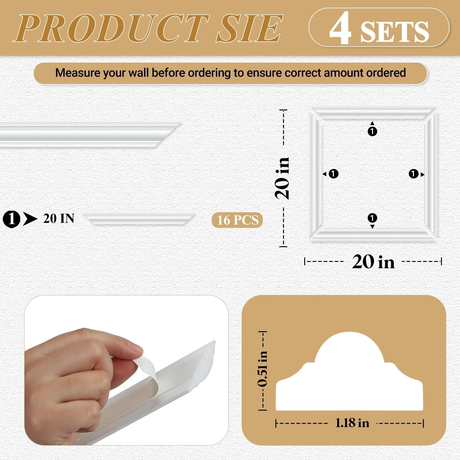 4 Set Peel and Stick Wall Molding Trim Kit, Premade Wainscoting Panels, White…