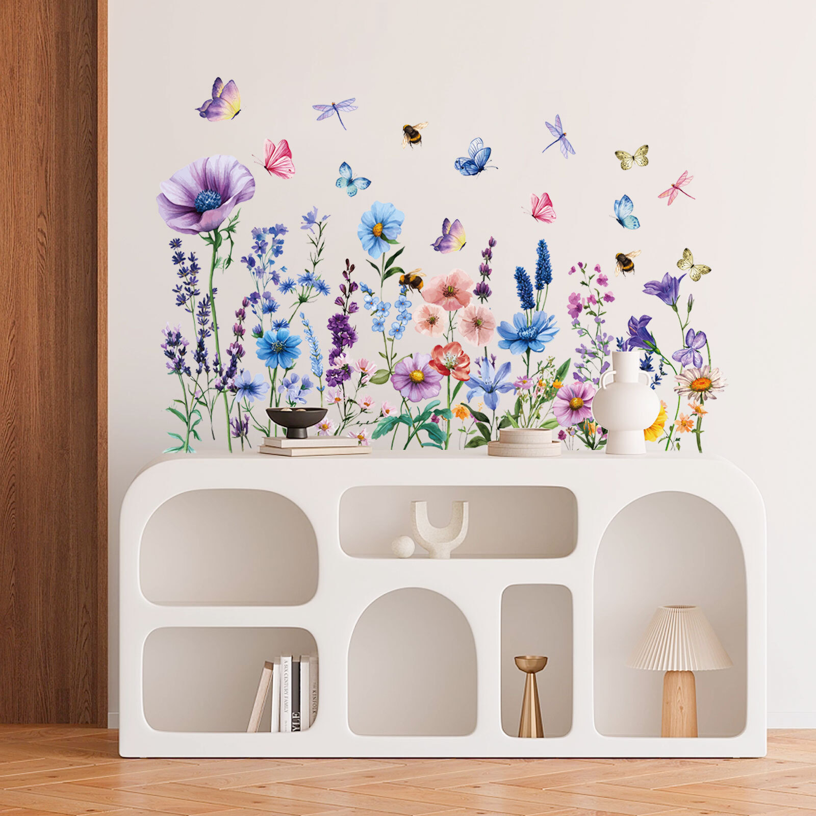 1 Set Colorful Floral Dragonfly Wall Stickers Waterproof Flower Mural Decoration