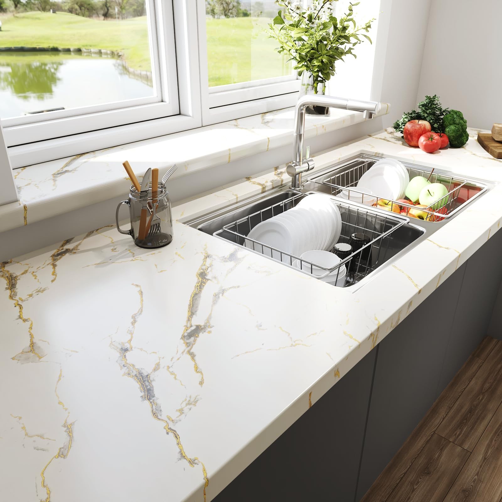 LaCheery 15.8inx46ft Matte White Gray Gold Marble Contact Paper Peel and Stic…