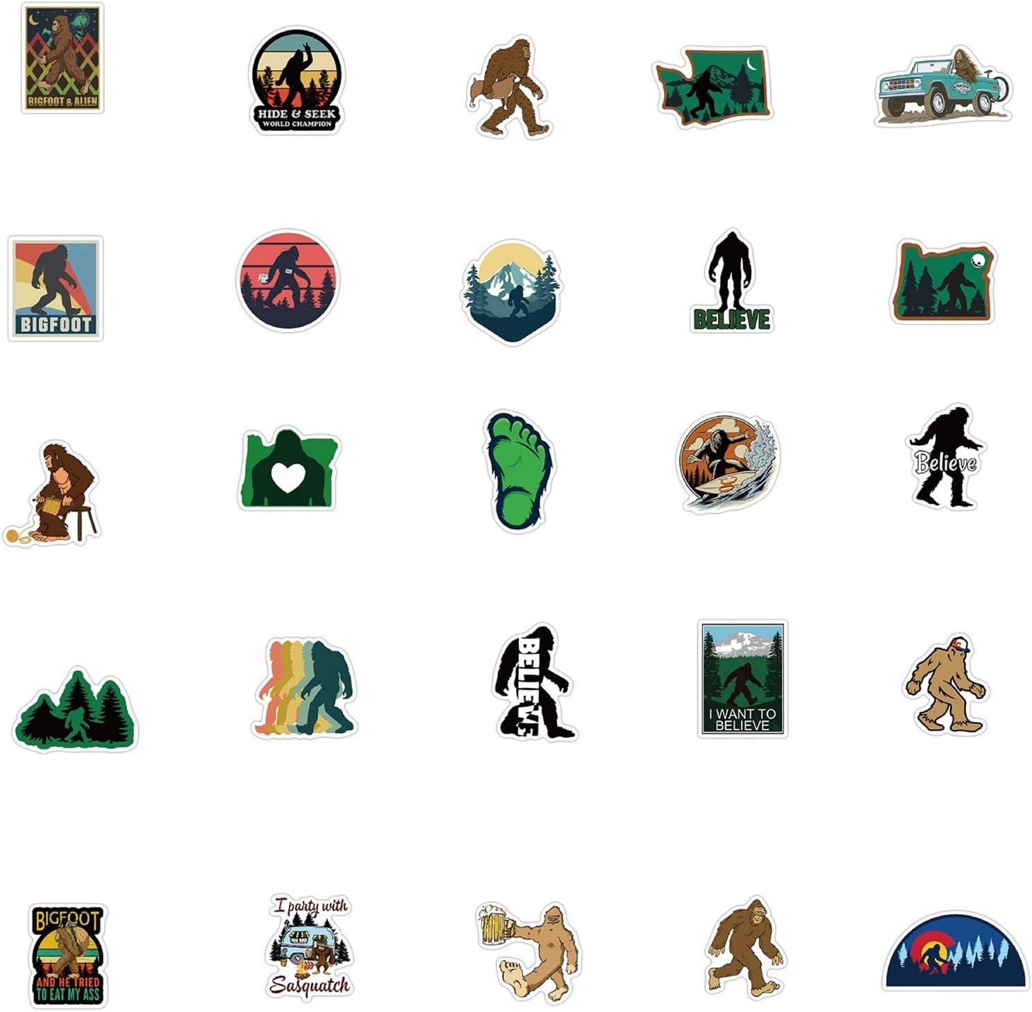 50 Count Bigfoot Stickers Variety Pack for Water Bottles, Laptops, Skateboards