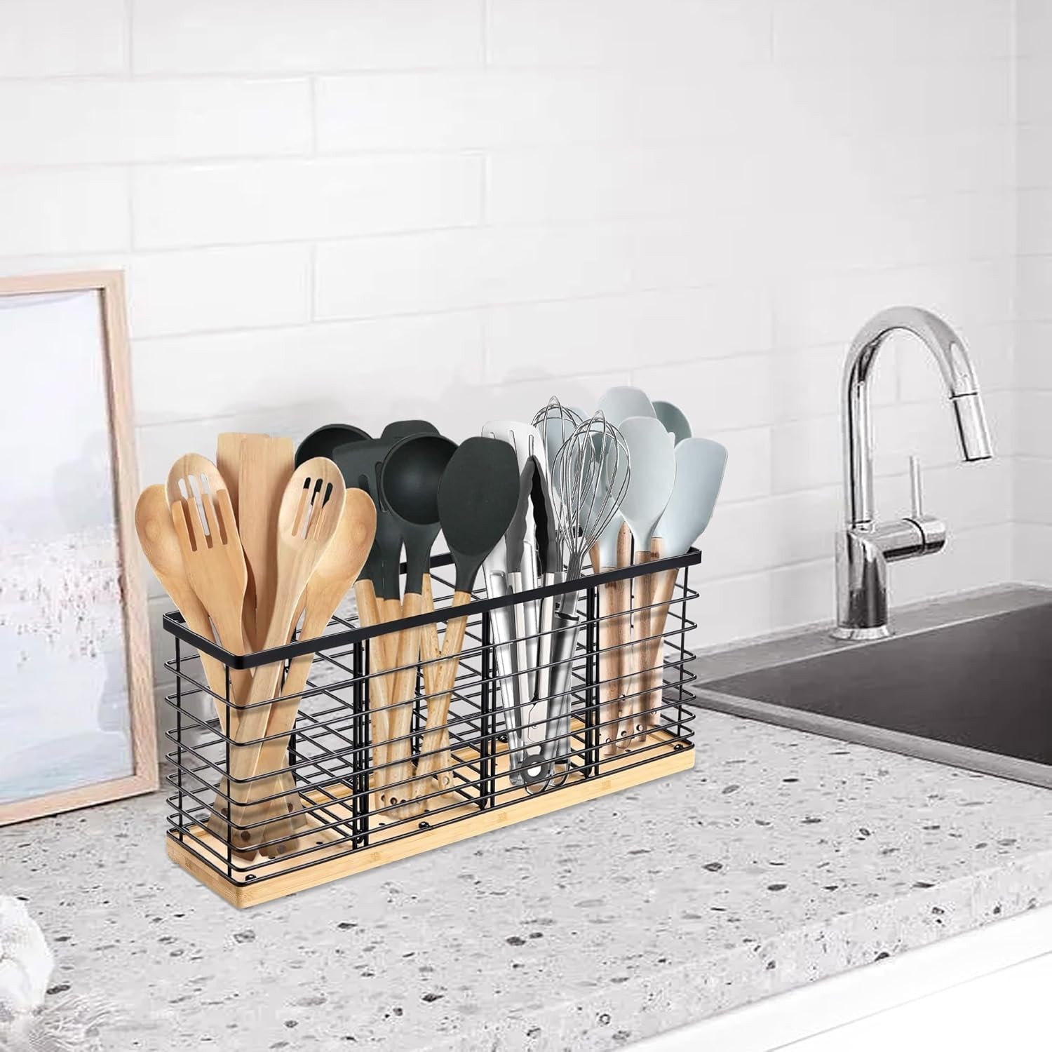 Extra Large Kitchen Utensil Holder with 4 Compartments，Matte Black Metal holder