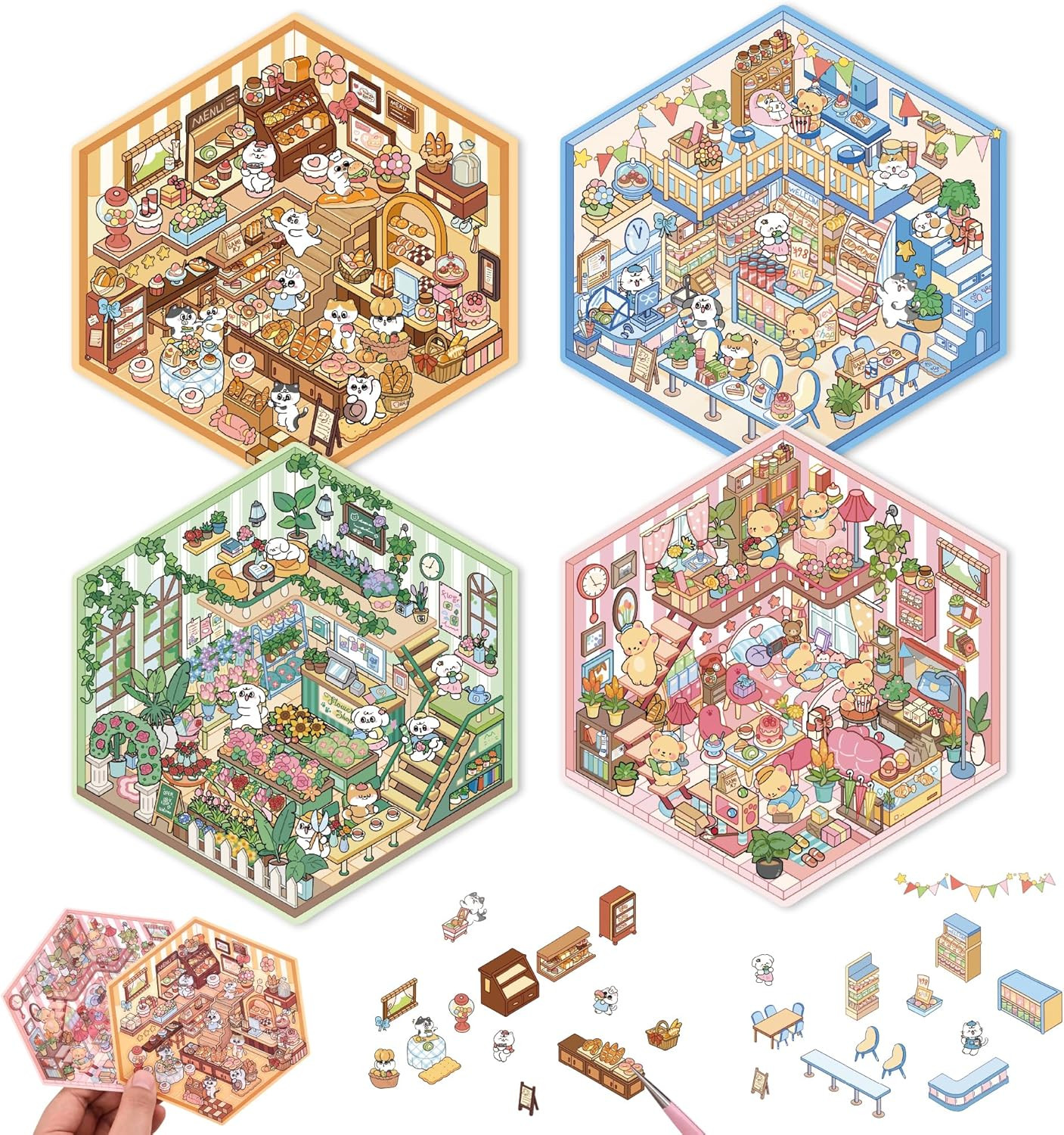 DIY 3D House Scene Stickers – 4 Sets, Warm Home, Supermarket, Bakery, Flower Sho