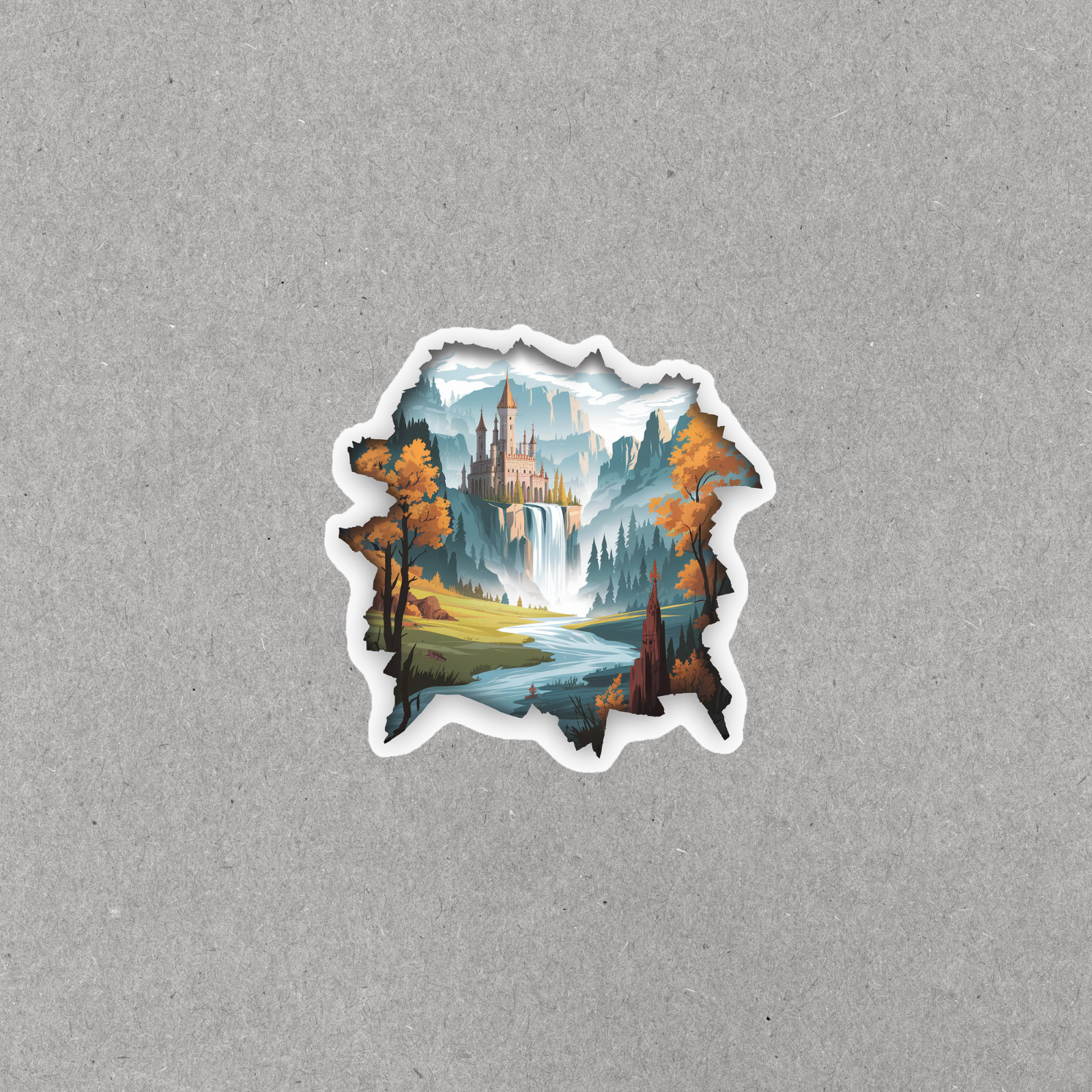 Fantasy Waterfall Castle Sticker – Enchanted Kingdom Vinyl Decal #5461