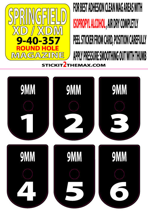 FITS SPRINGFIELD XD / XDM 9MM WHITE NUMBER SET 1-6 MAG BASE PLATE STICKERS