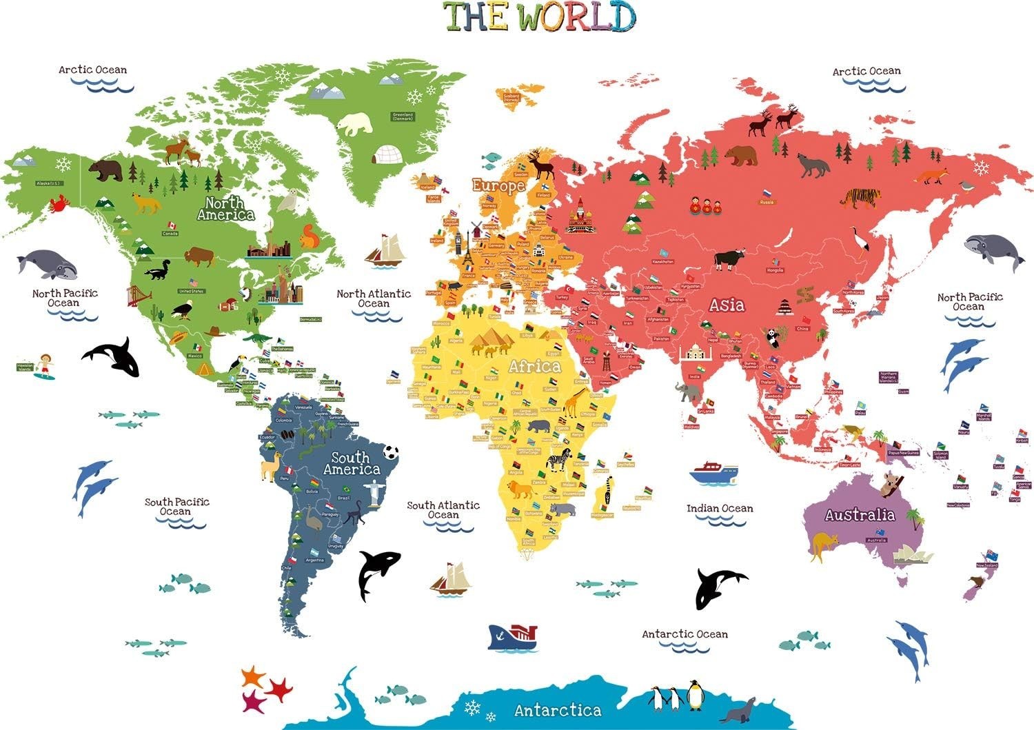 Removable World Map Wall Stickers with Animals – Perfect for Children's Spaces