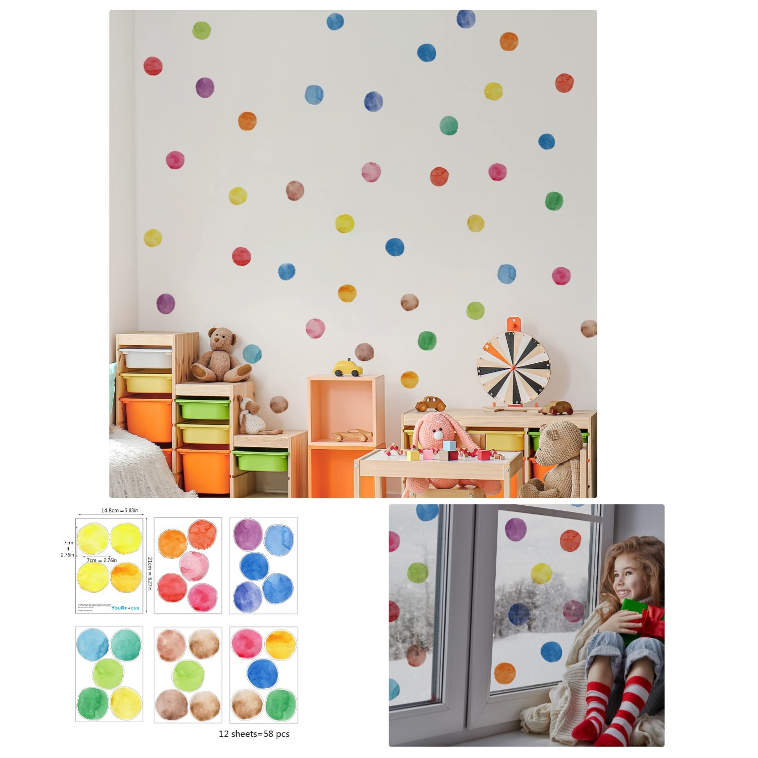 Affordable 12 Sheets of Colorful Polka Dot Wall Decals for Nursery Decor