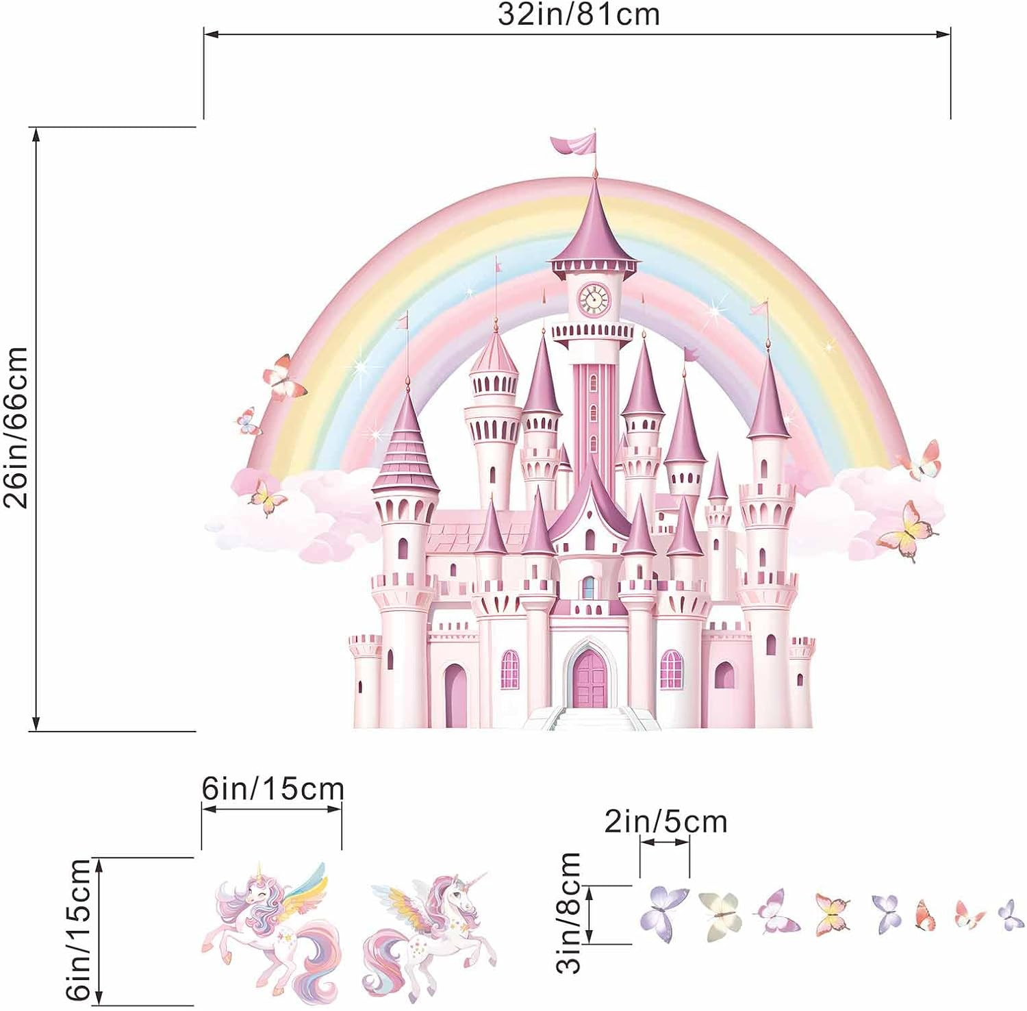 Rainbow Castle Wall Stickers for Girls: Peel and Stick Unicorn Fairy Tale Butter