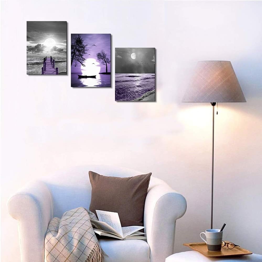 Contemporary 3-Piece Canvas Wall Decor – Vibrant Purple Seascapes for Home