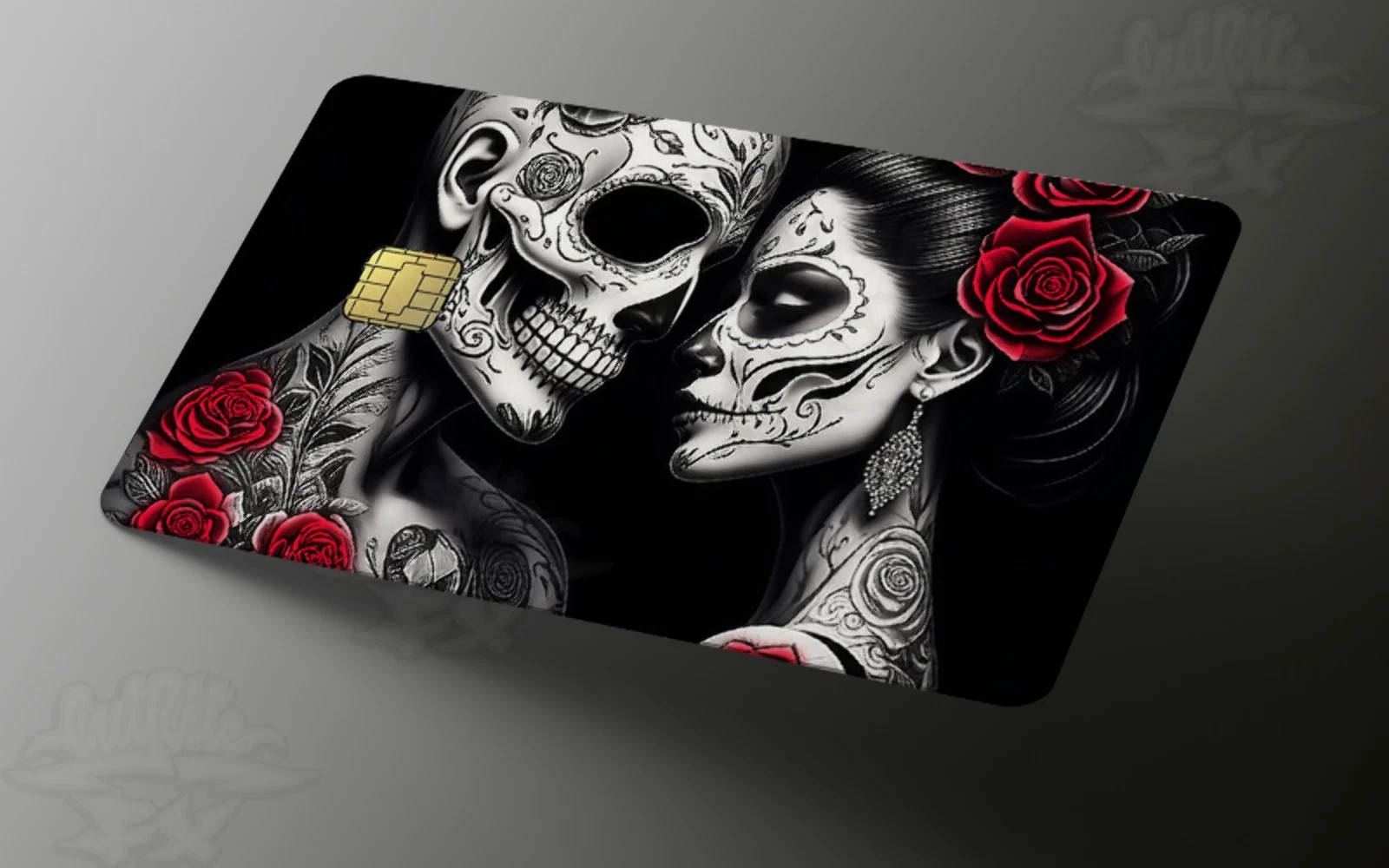 2 Pack Valentine's Day Lovers Credit Card Skin Sugar Skull Rose Custom Name