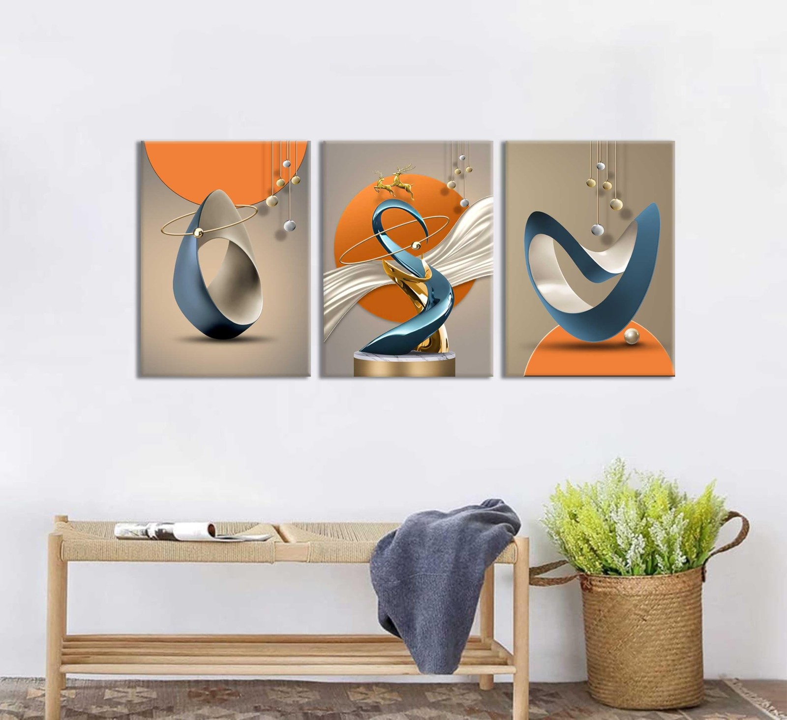 3 Pcs Bright Style Canvas Wall Art Modern Abstract Golden Deer Luxury Foil Li…