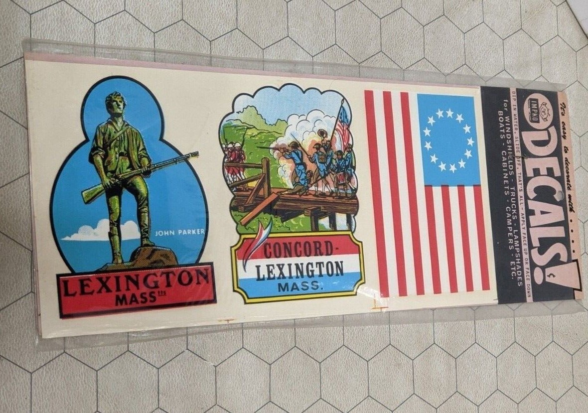 Lexington Mass / Concord / Colonial Flag 3" x 4" Lot of 2 Vintage Impko Decals!
