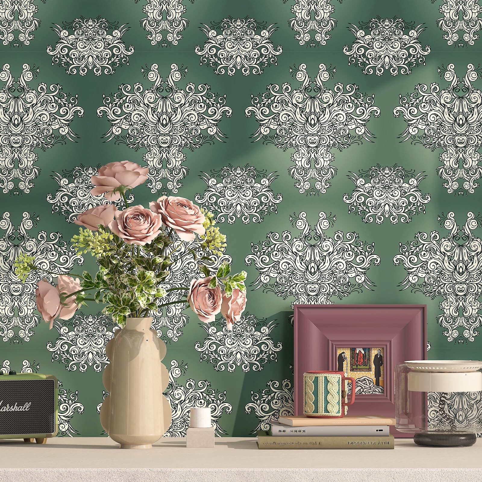 FunStick Damask Wallpaper Peel and Stick Vintage Green Victorian Wallpaper Re…