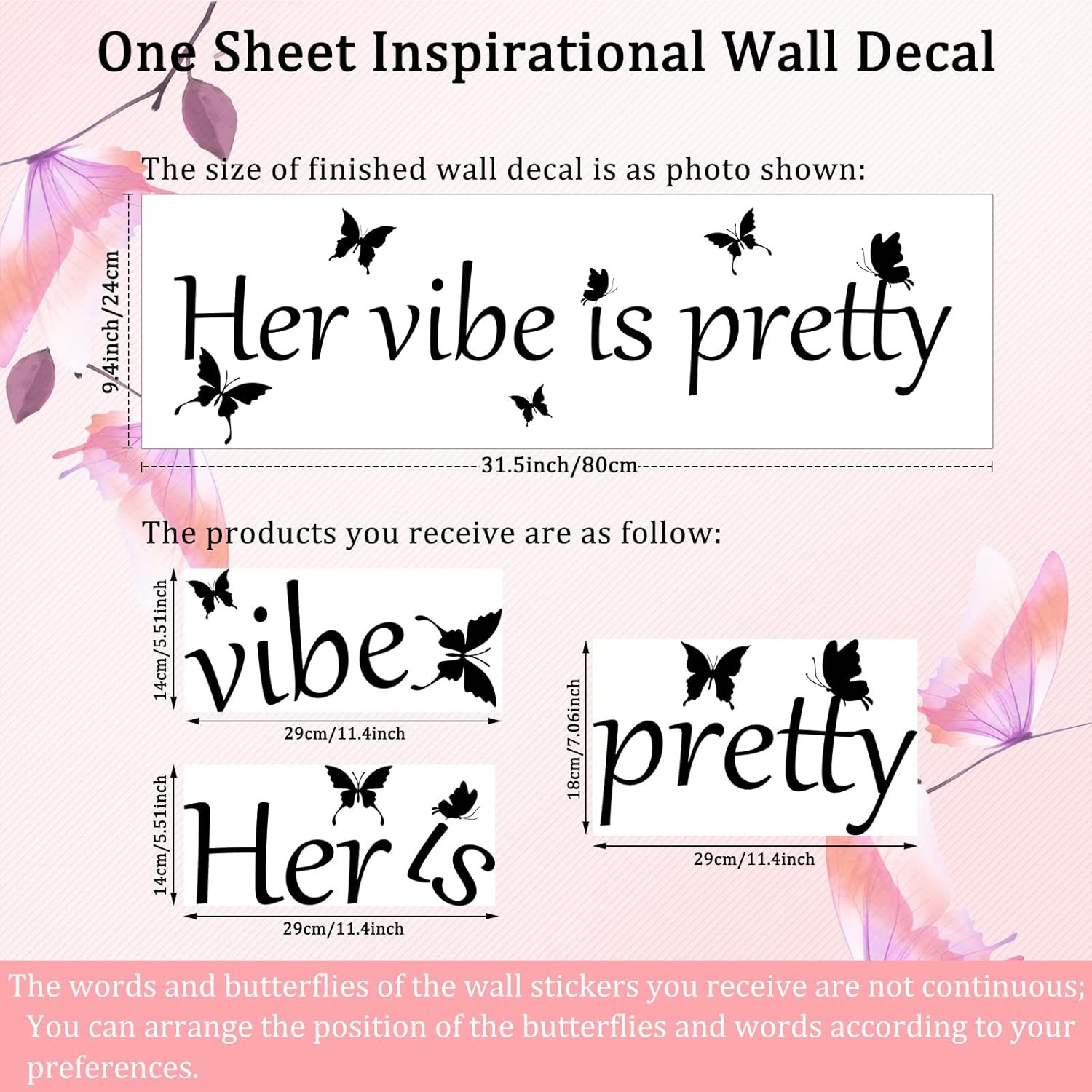 Her Vibe is Pretty Wall Decal Decor Vivid Butterflies Wall Sticker Inspirational