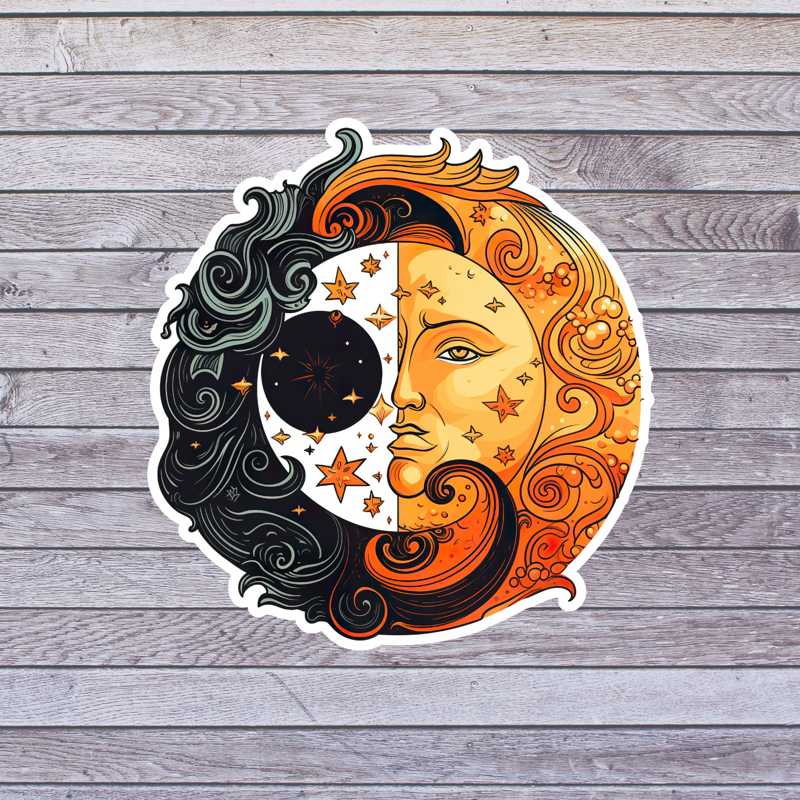 Sun Moon Face Sticker Vinyl Decal Celestial Day Night Astrology Design