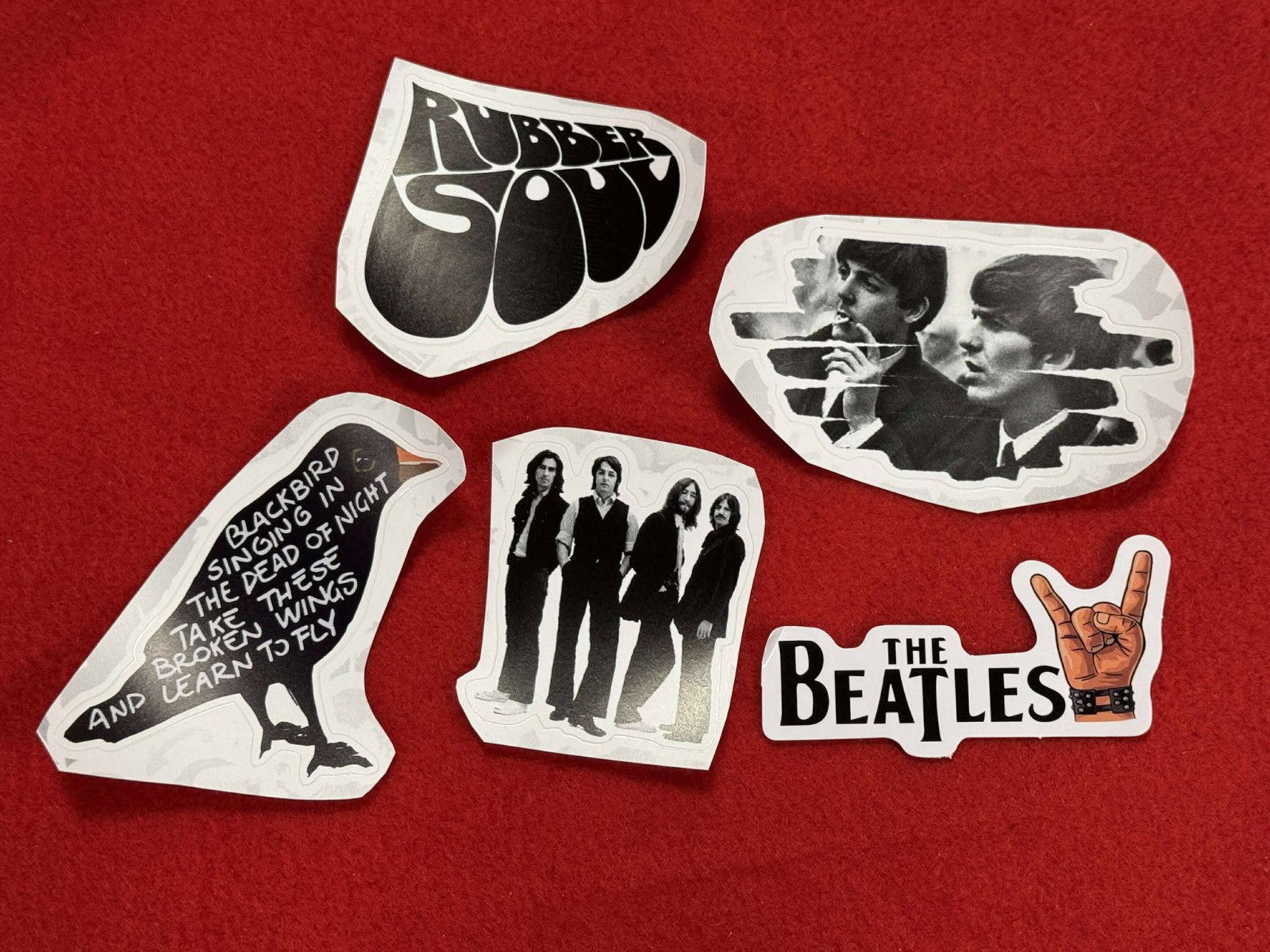 THE BEATLES Lot (5) 1 1/2" to 3 1/2" Band Logo STICKERS Free SHIP! Rubber Soul