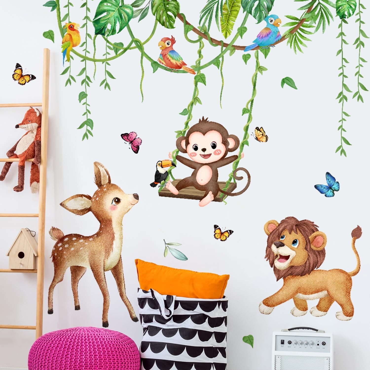 Safari Animals Wall Decals Tropical Leaves Wall Stickers Green Hanging Vines …