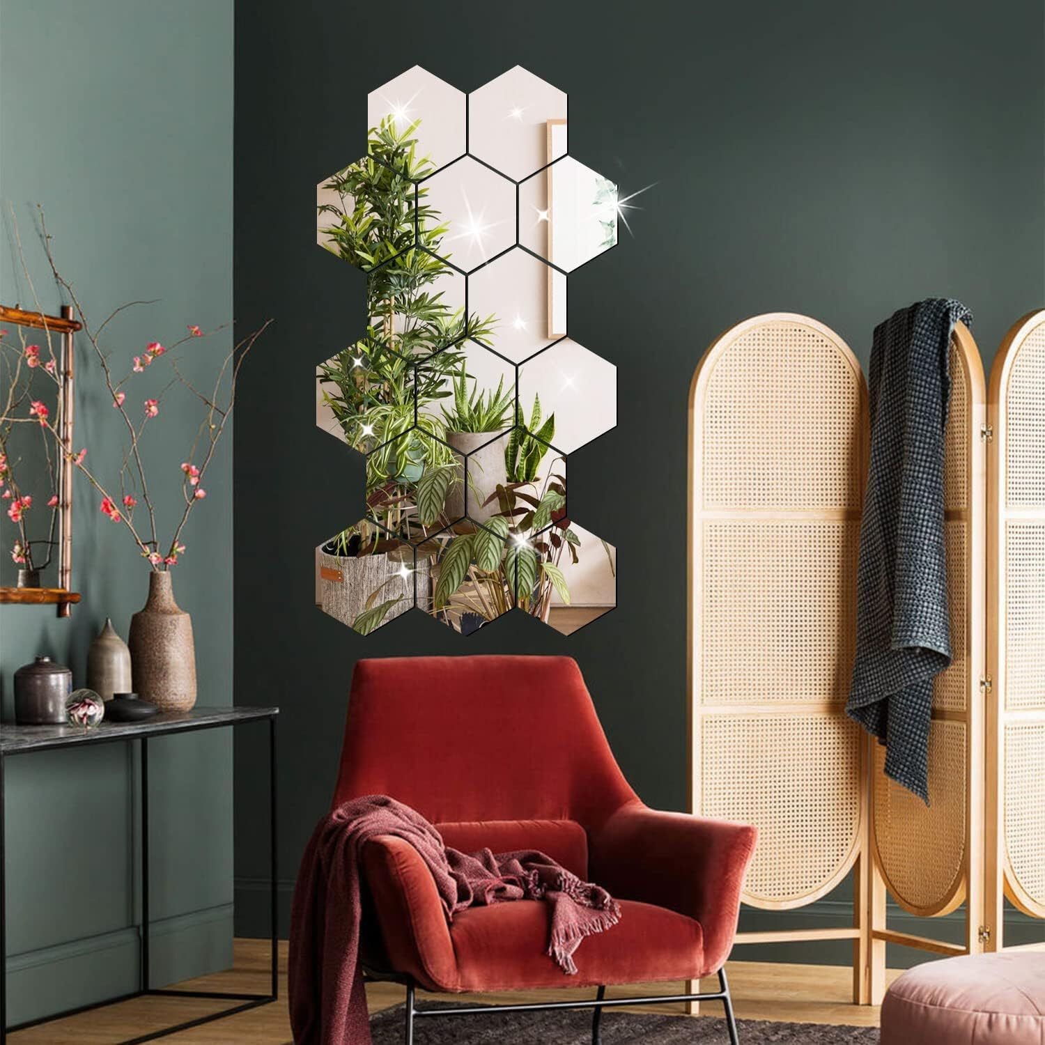 24Pcs Large Hexagonal Mirror Wall Stickers Boho Living Room Background Wall Art