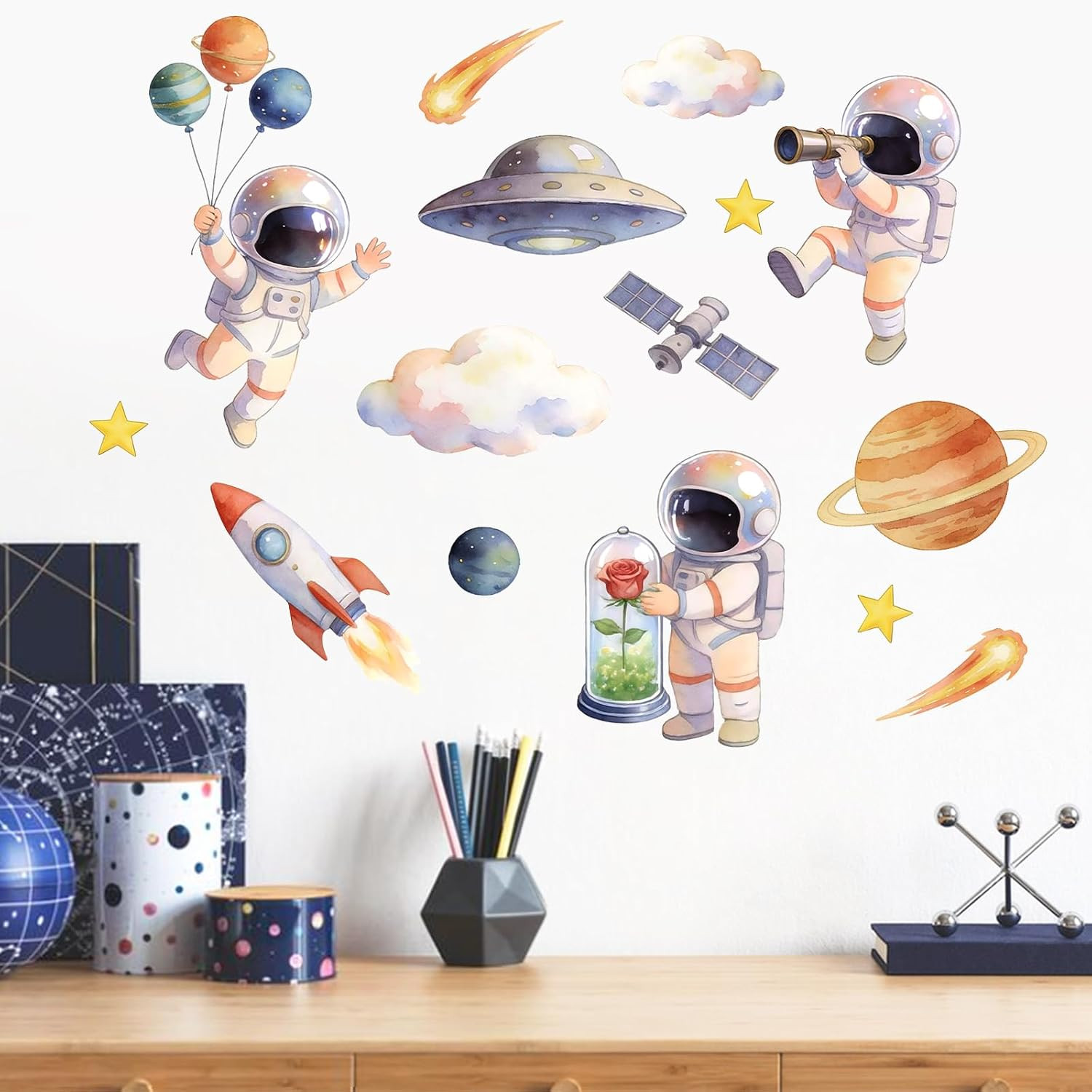 Watercolor Outer Space Astronaut Wall Decals Stickers, Galaxy | Planets Rocket S