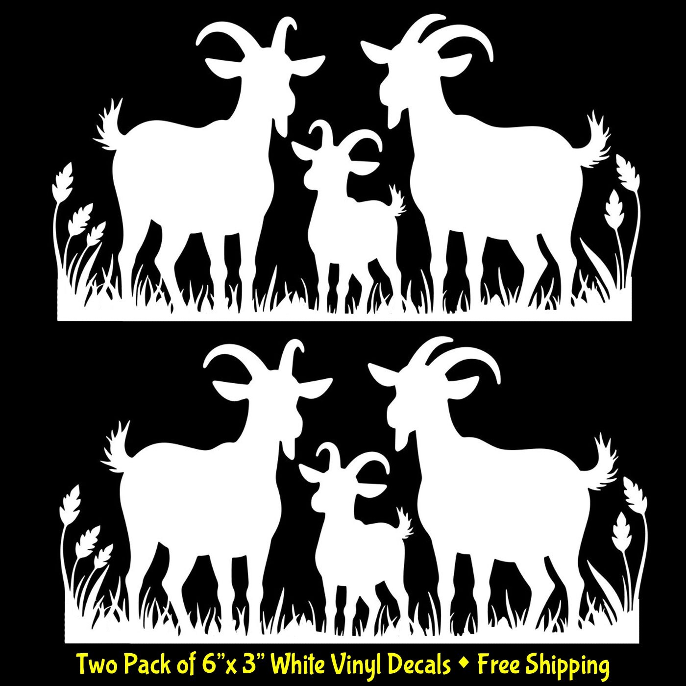 Goat Family 2 Pk 6" x 3" White Vinyl Decals Car Truck Windows Any Flat Surface