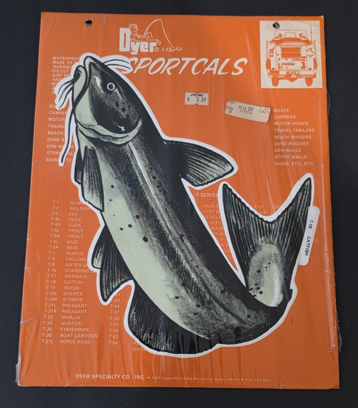 1960's-70's CATFISH DYER-SPORTCALS Original Vinyl Sticker-Decal-UNUSED-NOS