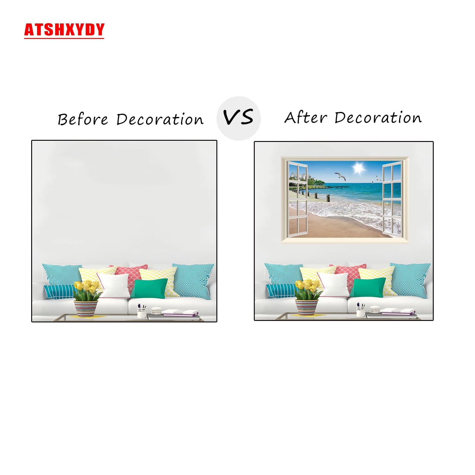 Fake Window Wall Decal, Summer Beach Seascape Peel and Stick Wall Sticker, Fa…