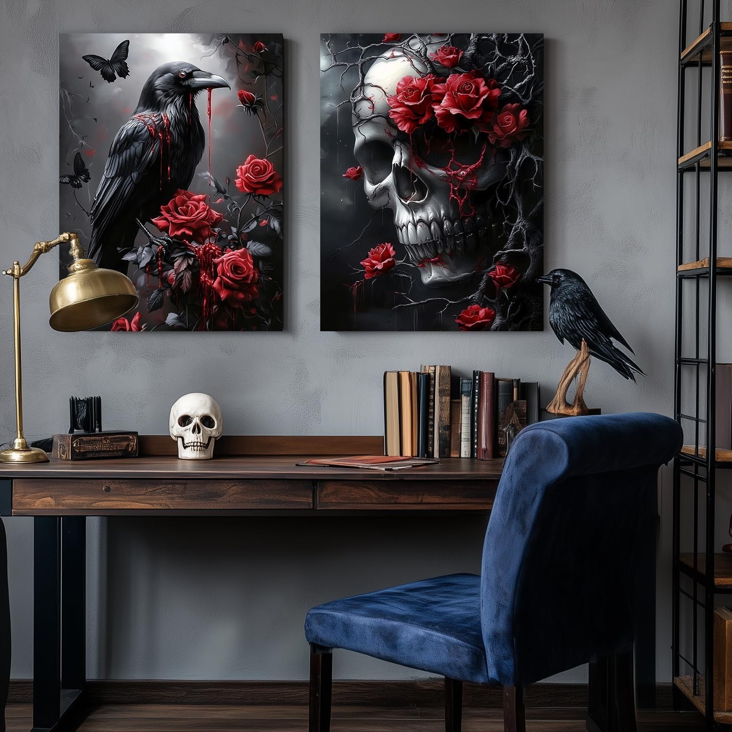 Horror Gothic Canvas Wall Art, Romance Raven Rose Halloween Wall Decor, Blood…
