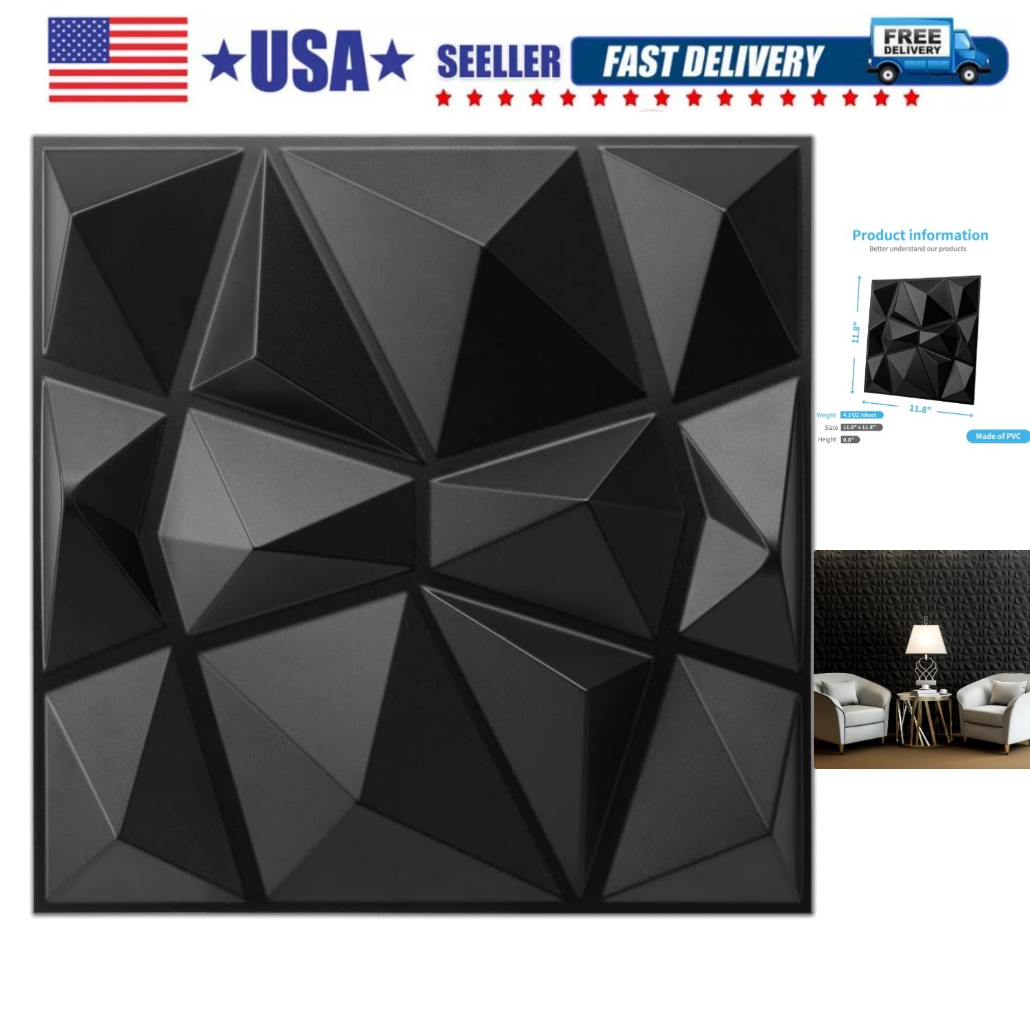 Decorative 3D Wall Panels in Diamond Design, 12"x12" Matt Black for Home and …