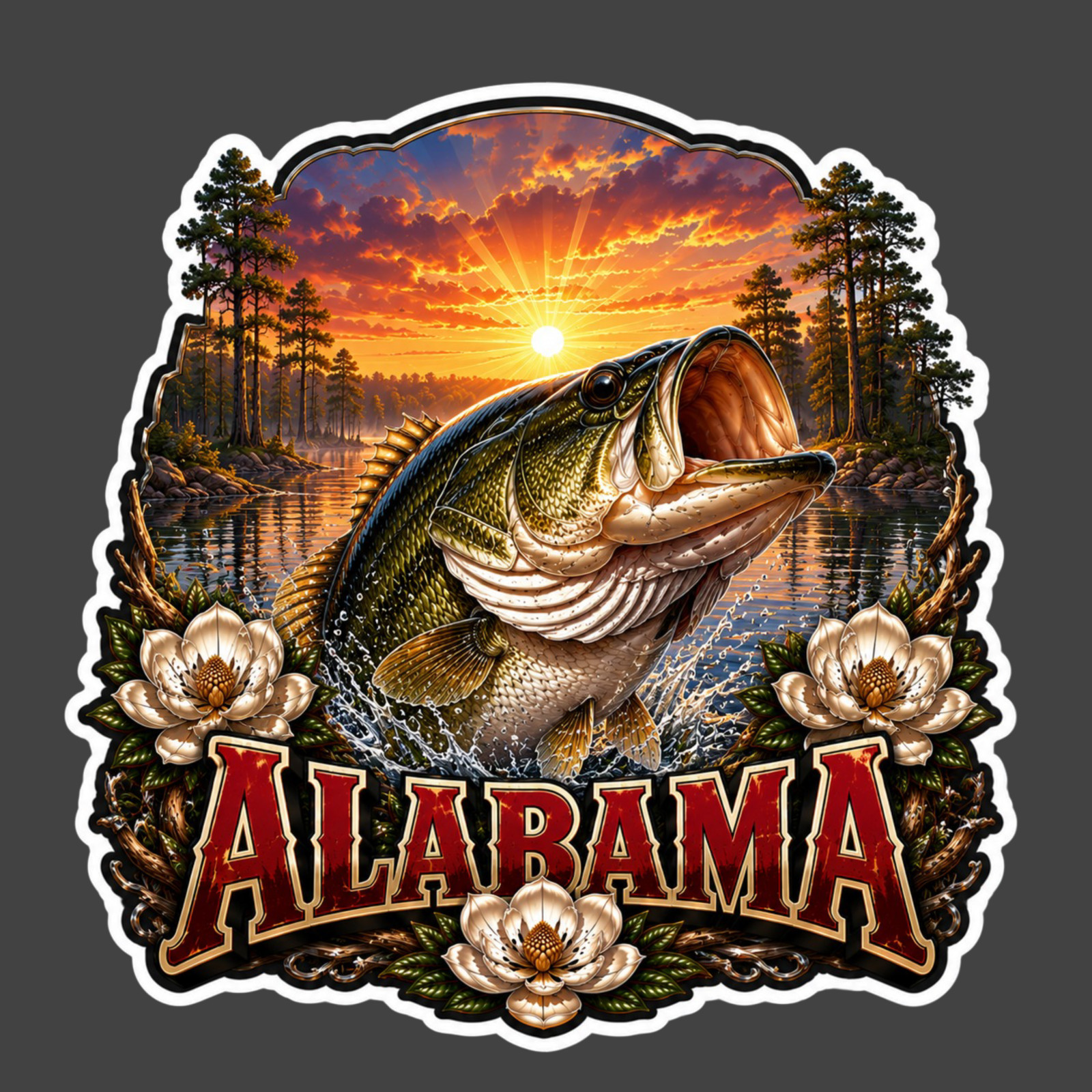 Alabama Sticker Vinyl Decal Largemouth Bass Lake Sunset Fishing Art