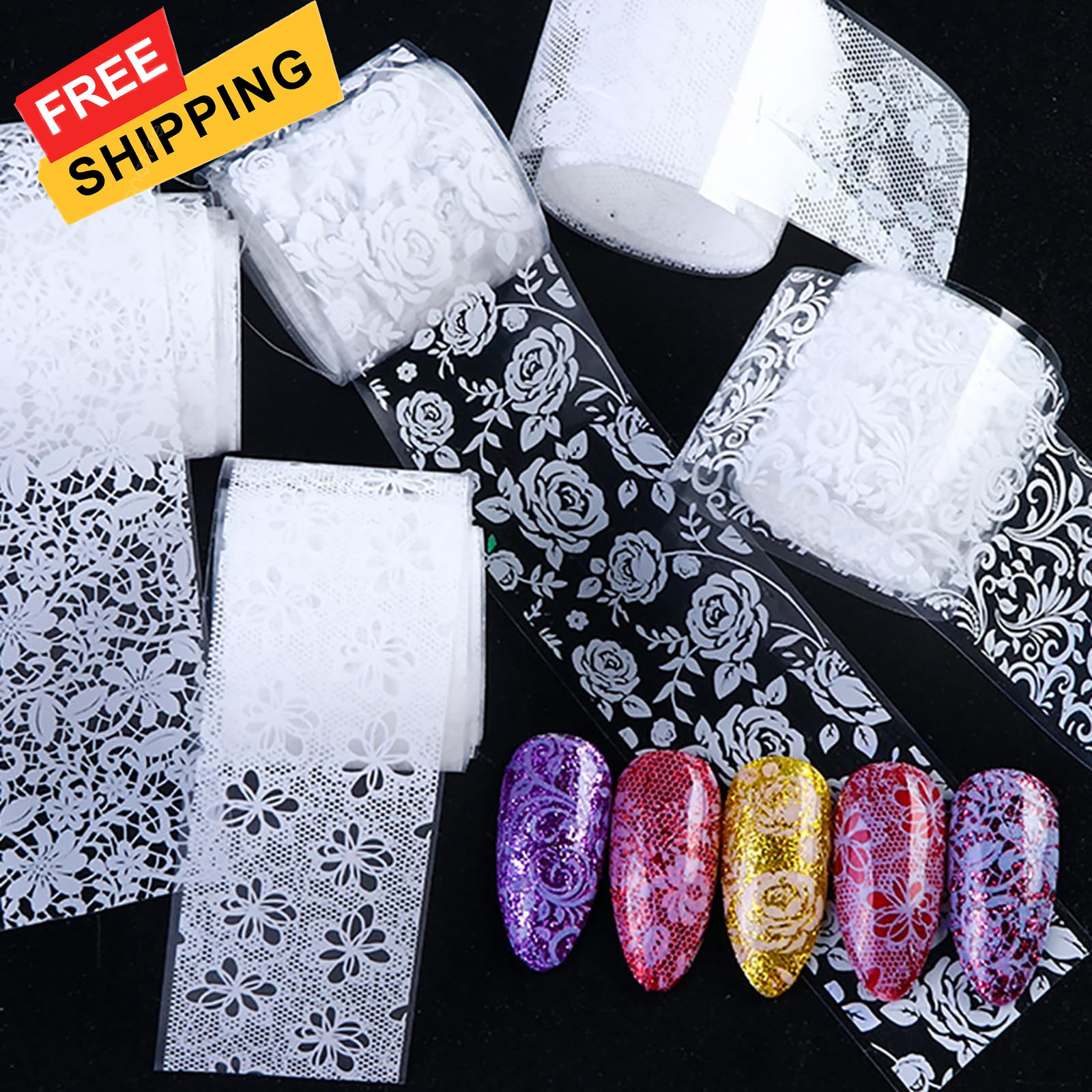 MOLILON 10 Rolls White Lace Nail Foil, 2.5*100cm / 1.0*39.37in, Style 2