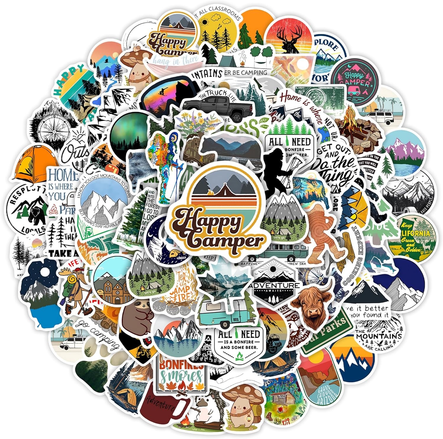 100 Pcs Outdoor Adventure Hiking Camping Adults Stickers for Water Bottle, Water