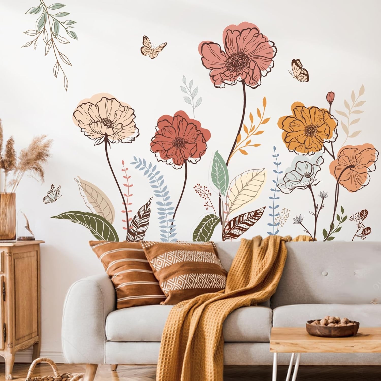 Boho Wildflower Wall Decals wondever Peel & Stick Floral Grass Art Stickers
