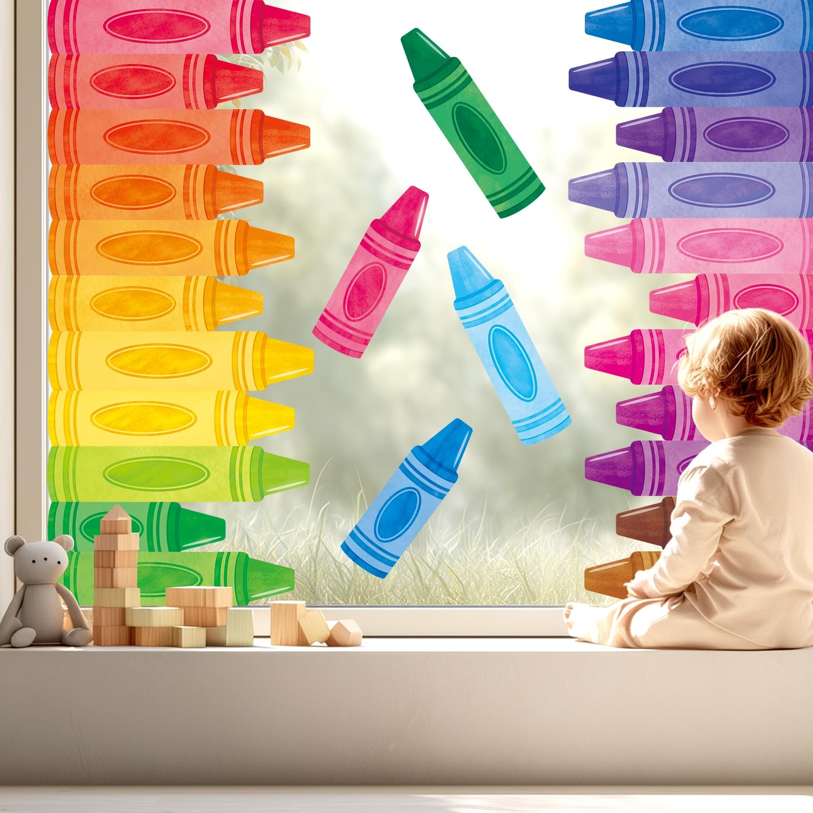 Color Crayon Window Clings – Double-Sided Pencil Window Stickers for Classroo…