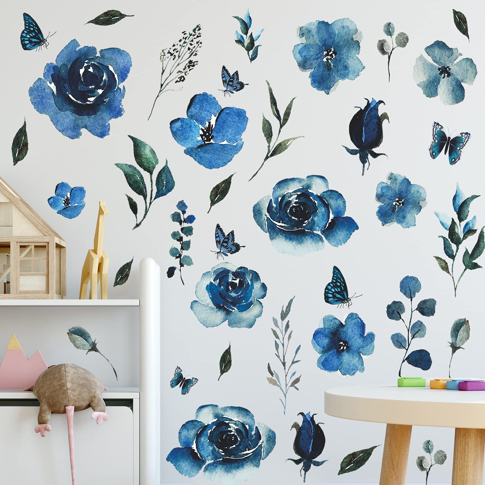 4 Sheets Watercolor Blue Roses Wall Decals Art 12 inch x 18 inch,