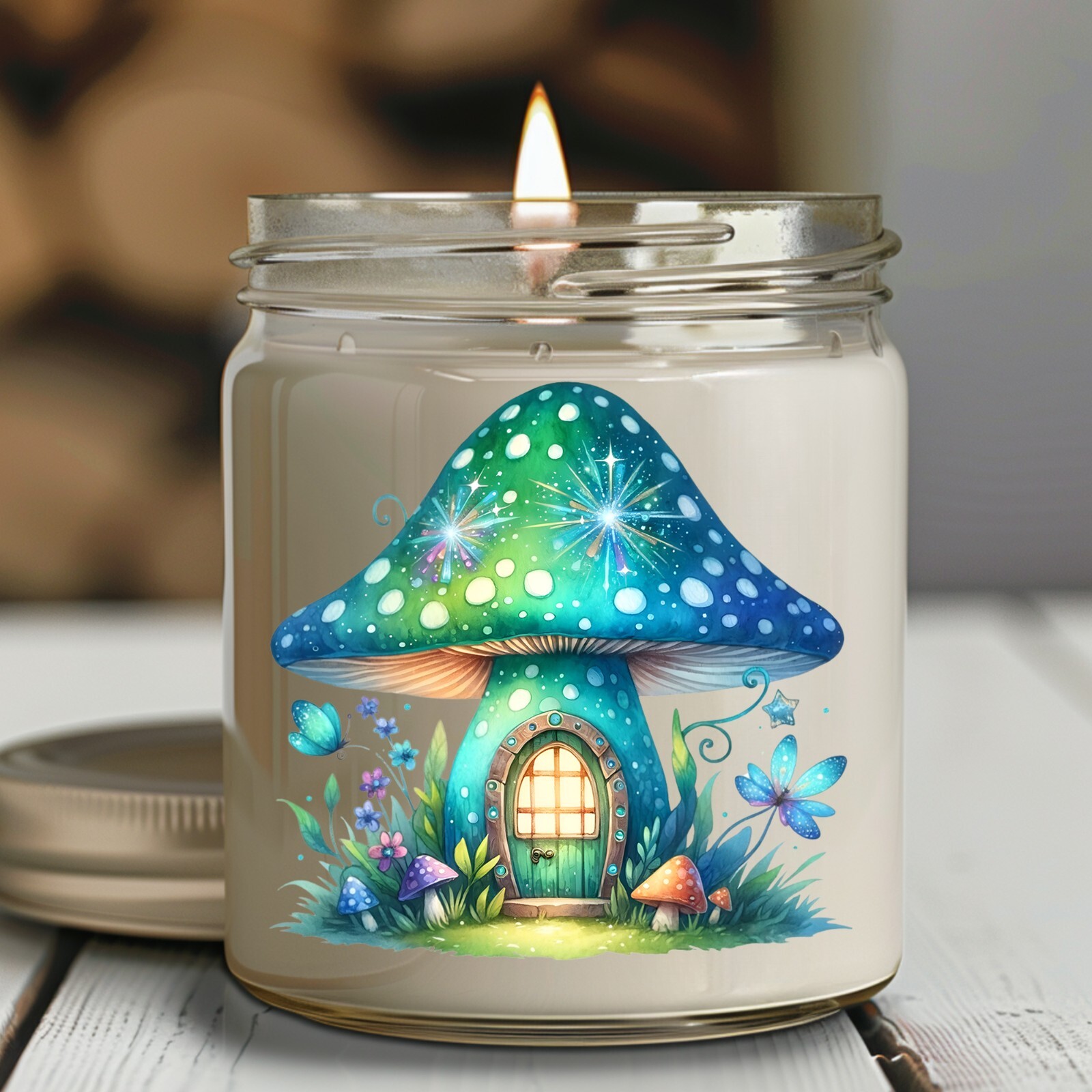 Blue Green Mushroom Fairy House UV DTF Transparent Sticker / Decal