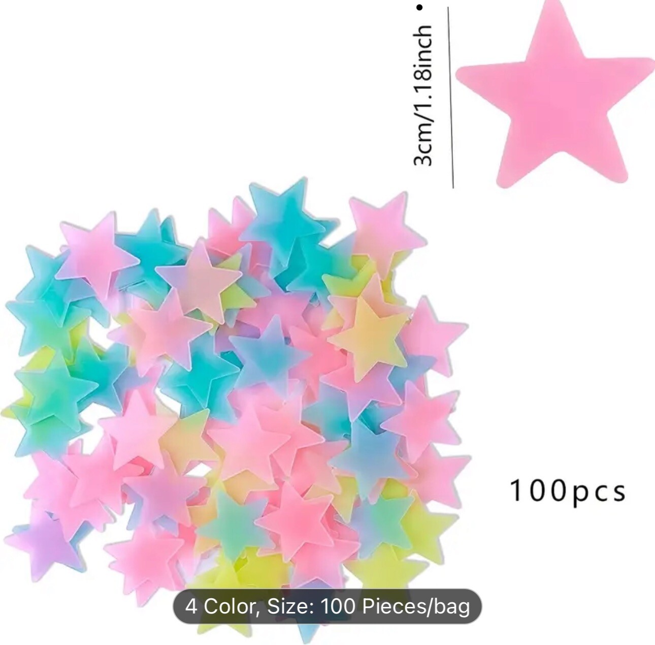 100PCS 3CM Luminous Star Wall Sticker Luminous Fluorescent 3D Kids Bedroom