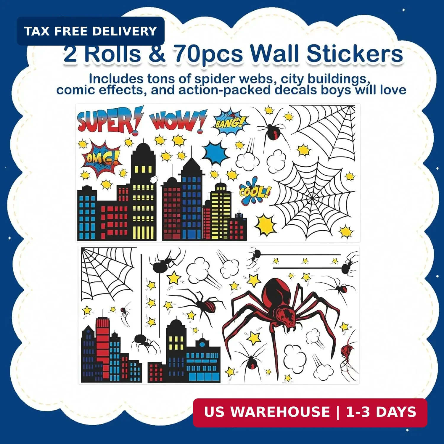 Superhero Wall Decor, Hero City Building Stars Stickers for Kids Boys, 70 Piece
