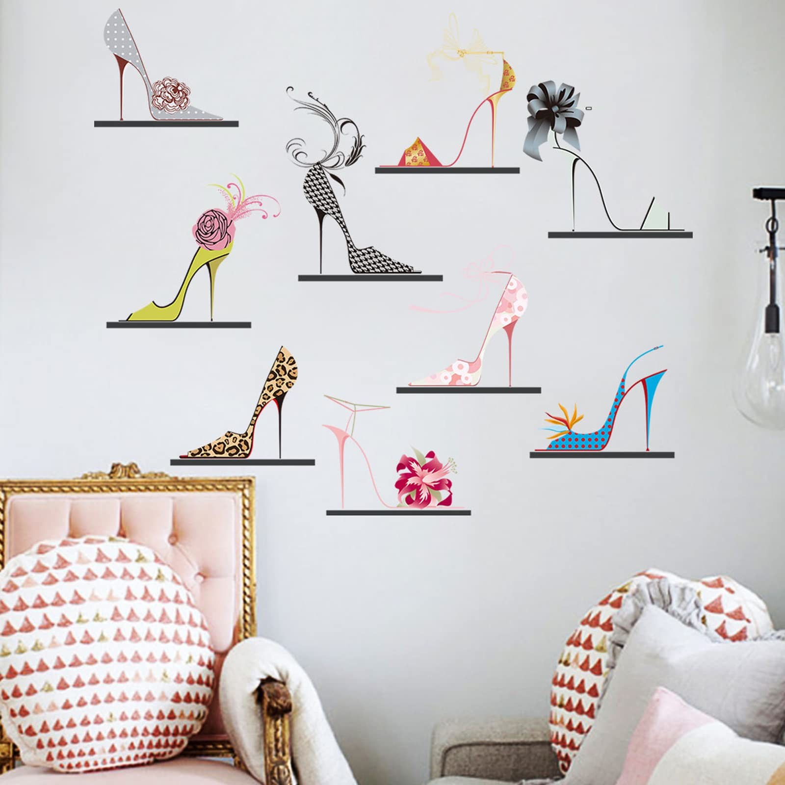 Fashion Colorful High Heels Shoes Wall Decal Modern Flower Shoes Heels Wall S…