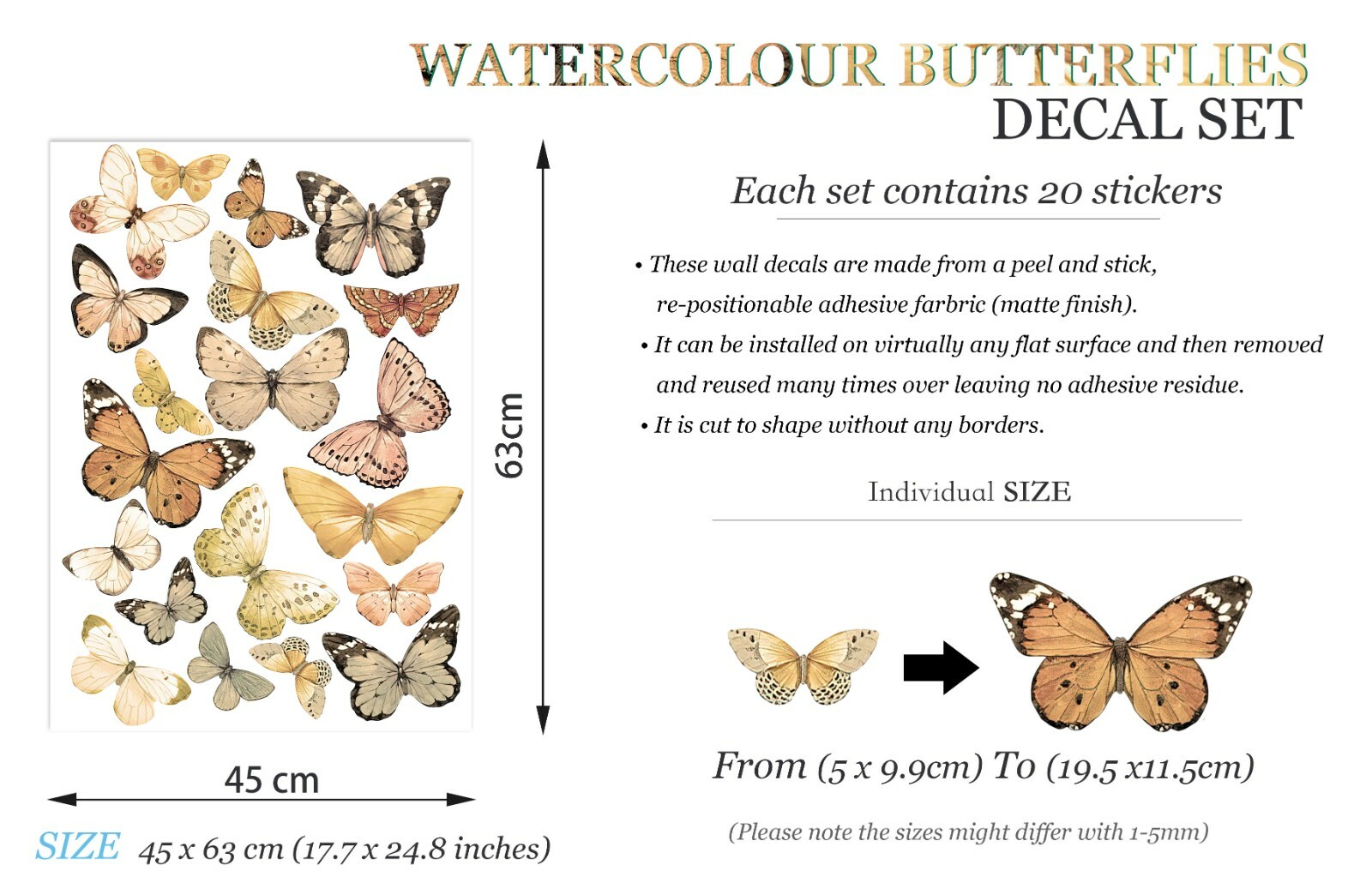 Watercolor Hand Paint Butterflies Wall Fabric Decal Set Sticker Baby Room Decor