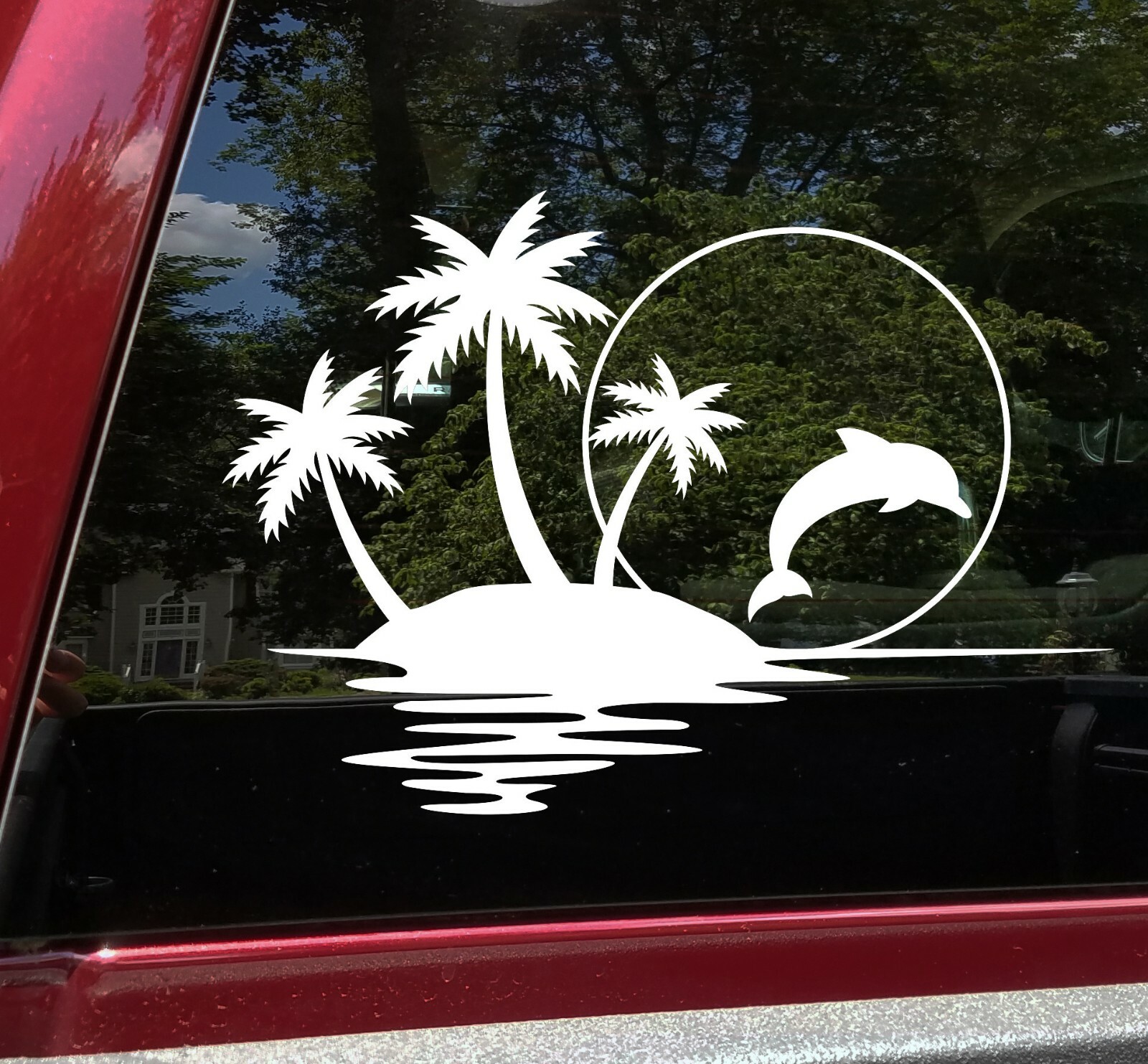 Palm Trees Dolphin Sunset Scene Vinyl Decal V1 | Beach Coast Travel | Sticker
