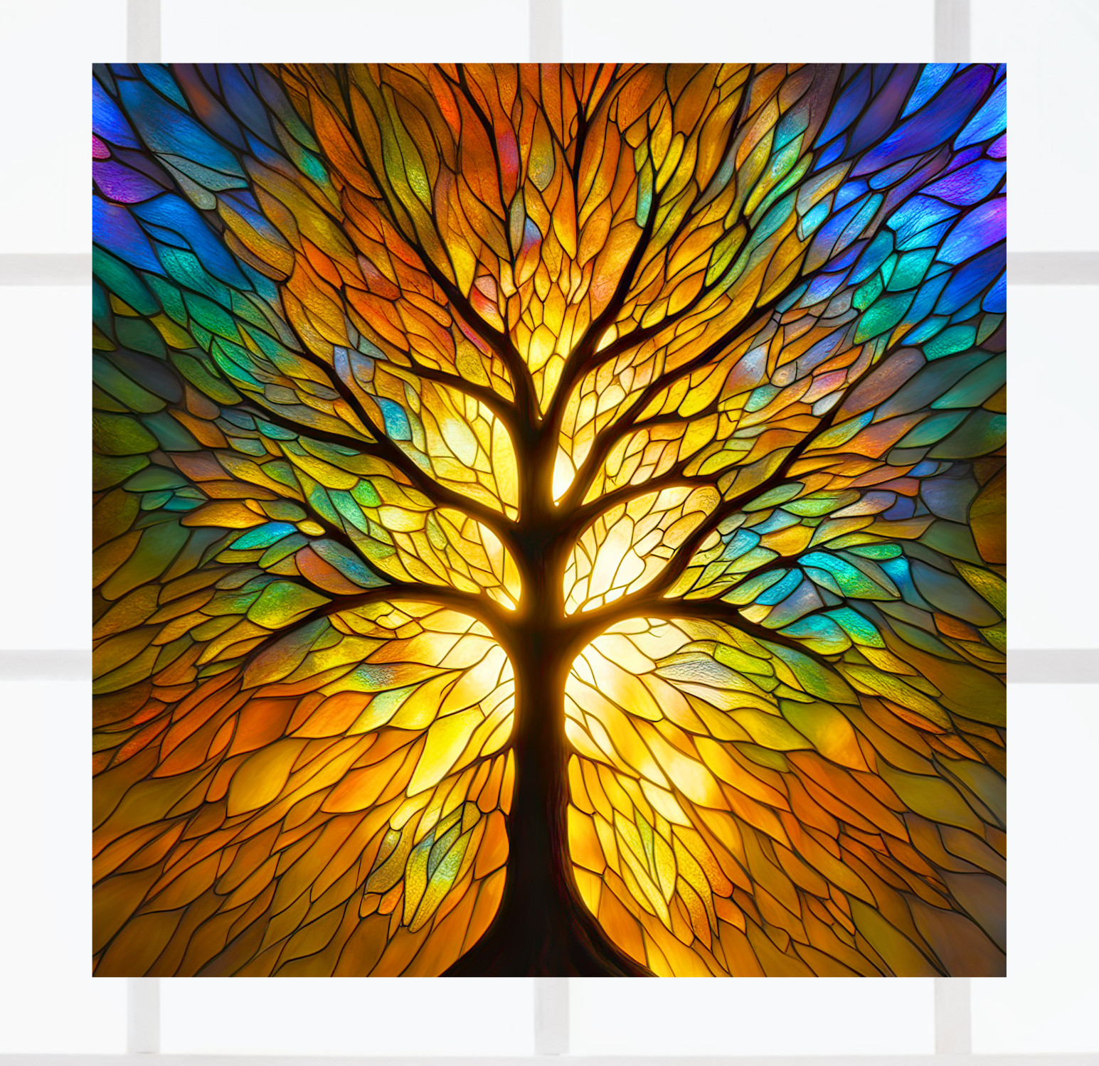 Tree with Colorful Leaves ~ Faux Stained-Glass WINDOW CLING Size 8" Square Vinyl